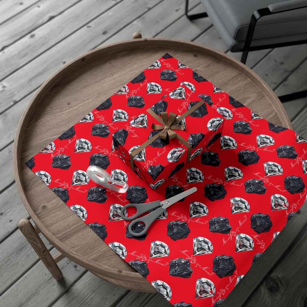 Wrapping Paper, Naughty or Nice Diamonds and Coal on Red Background - Gift Wrap Rolls, Eco-Friendly, Holiday, Christmas Gifts
