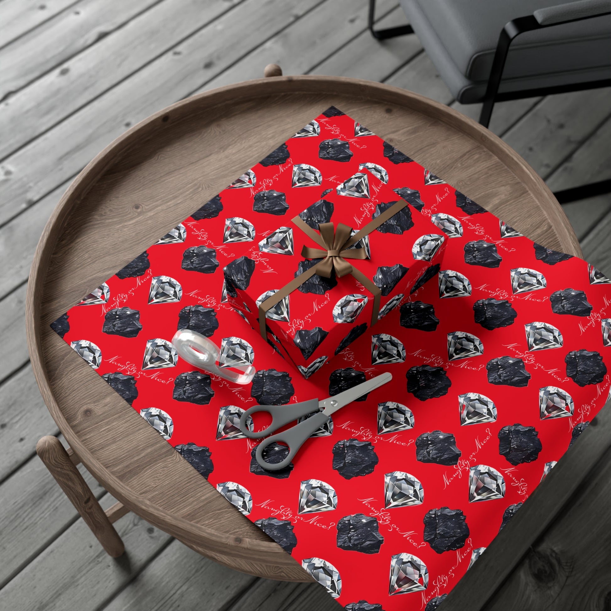 Wrapping Paper, Naughty or Nice Diamonds and Coal on Red Background - Gift Wrap Rolls, Eco-Friendly, Holiday, Christmas Gifts