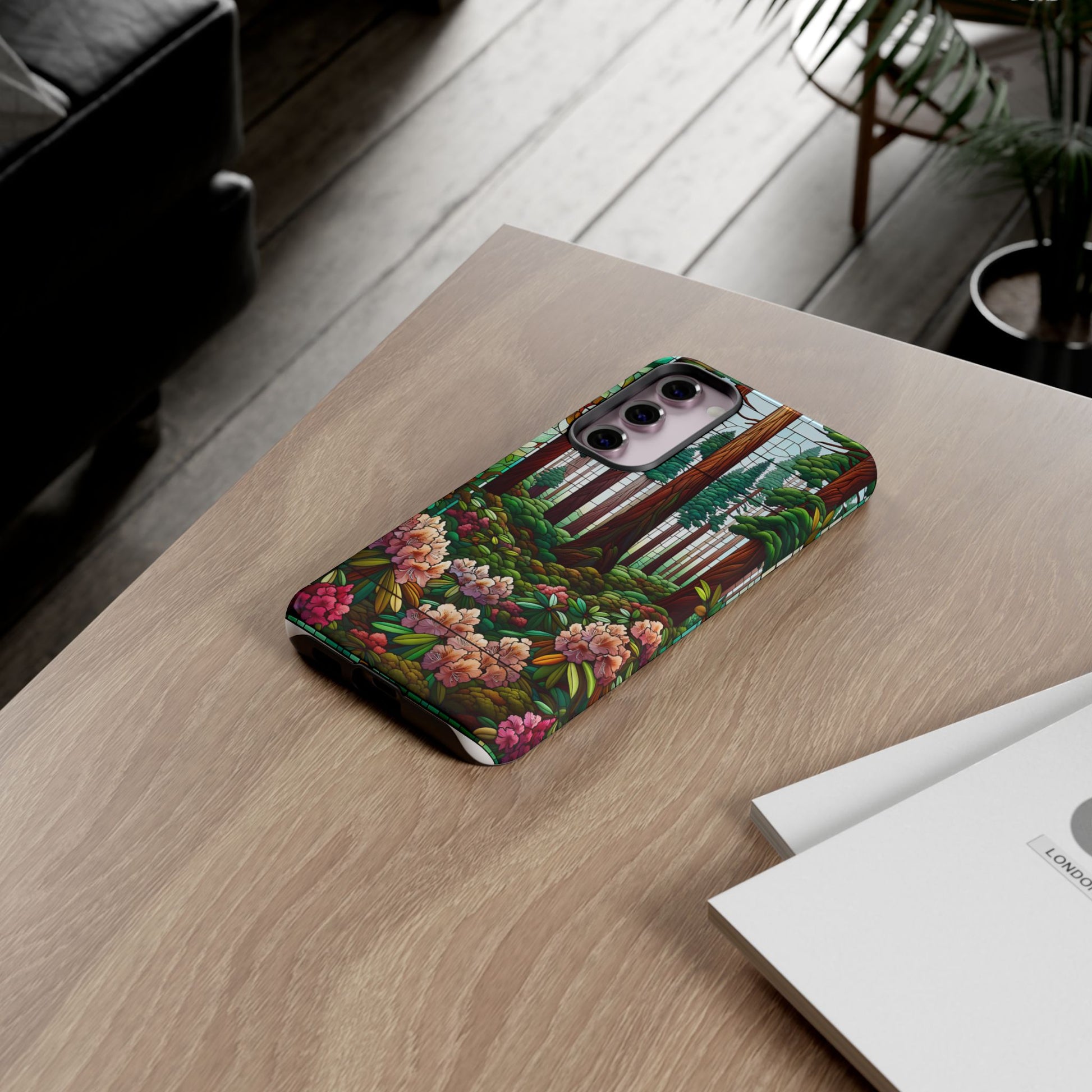 Nature Inspired Tough Cases - Redwood Trees & Rhododendrons Stained Glass iPhone Cover, Protective Phone Shell, Unique Samsung Galaxy Case,