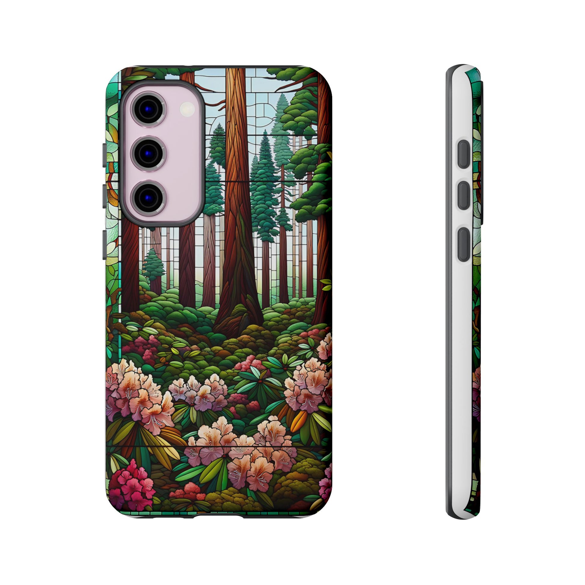 Nature Inspired Tough Cases - Redwood Trees & Rhododendrons Stained Glass iPhone Cover, Protective Phone Shell, Unique Samsung Galaxy Case,