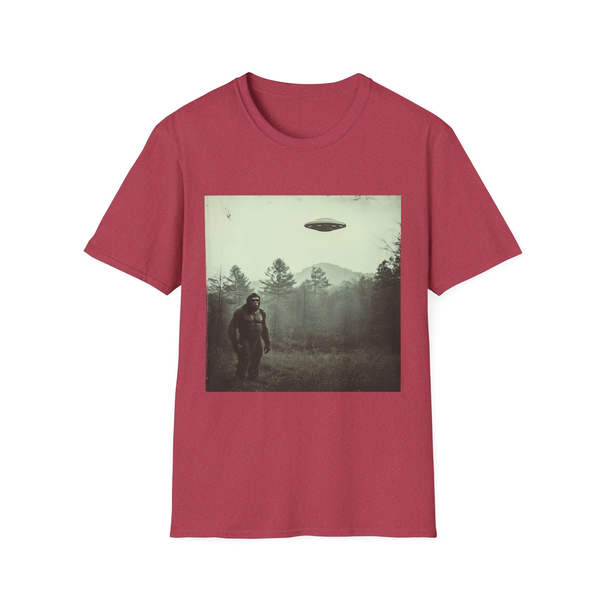 Bigfoot & UFO Unisex T-Shirt, Sasquatch Alien Tee, Cryptid Spaceship Shirt, Extraterrestrial Fantasy Clothing, Funny Yeti Top
