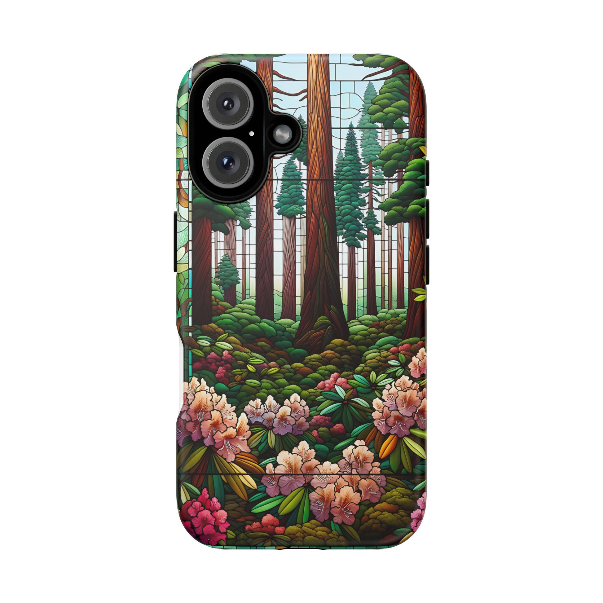 Nature Inspired Tough Cases - Redwood Trees & Rhododendrons Stained Glass iPhone Cover, Protective Phone Shell, Unique Samsung Galaxy Case,