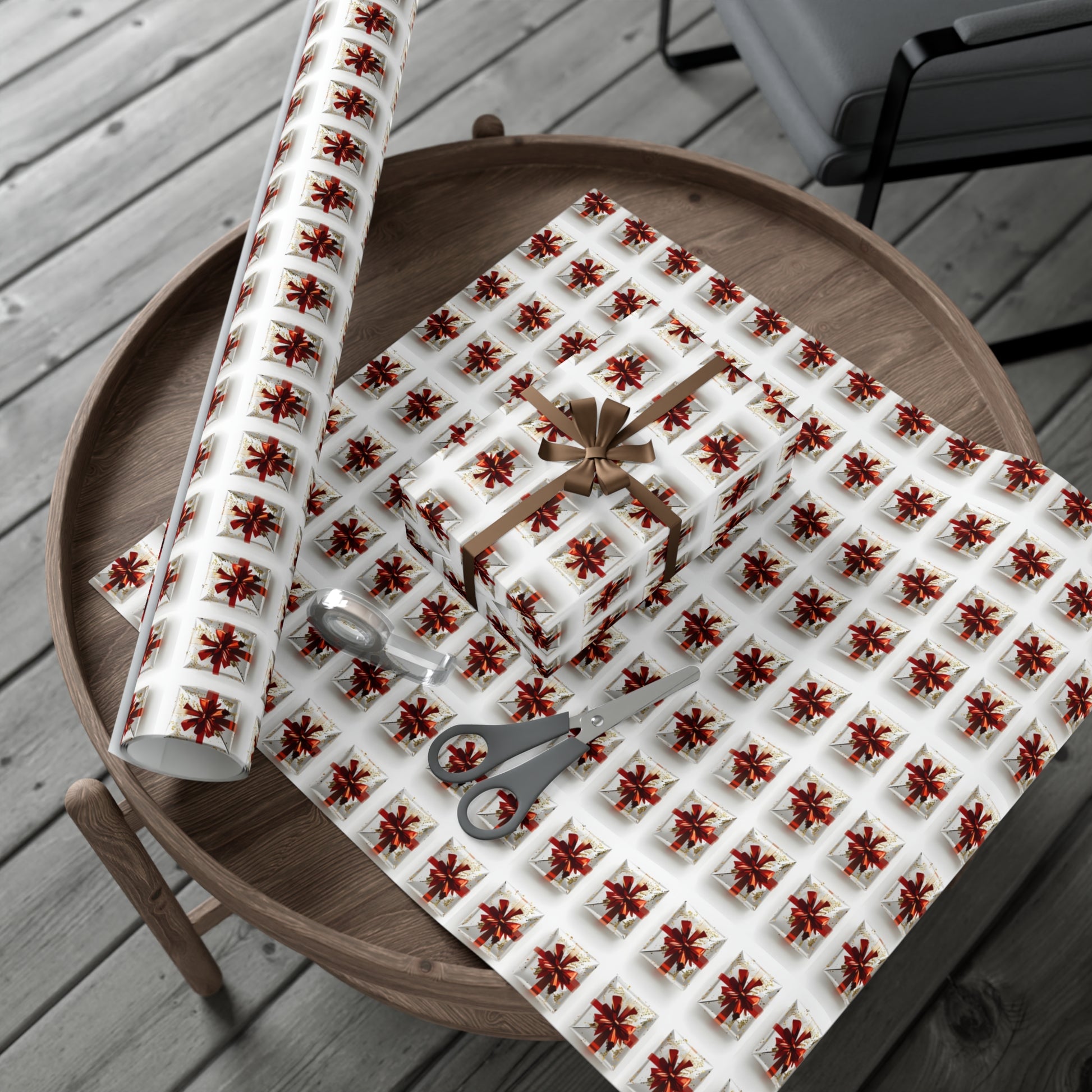 Wrapping Paper, Elegantly Wrapped Gifts On White Background with Red Bows - Gift Wrap Rolls, Eco-Friendly Gift Wrap, Holiday Season Wrapping