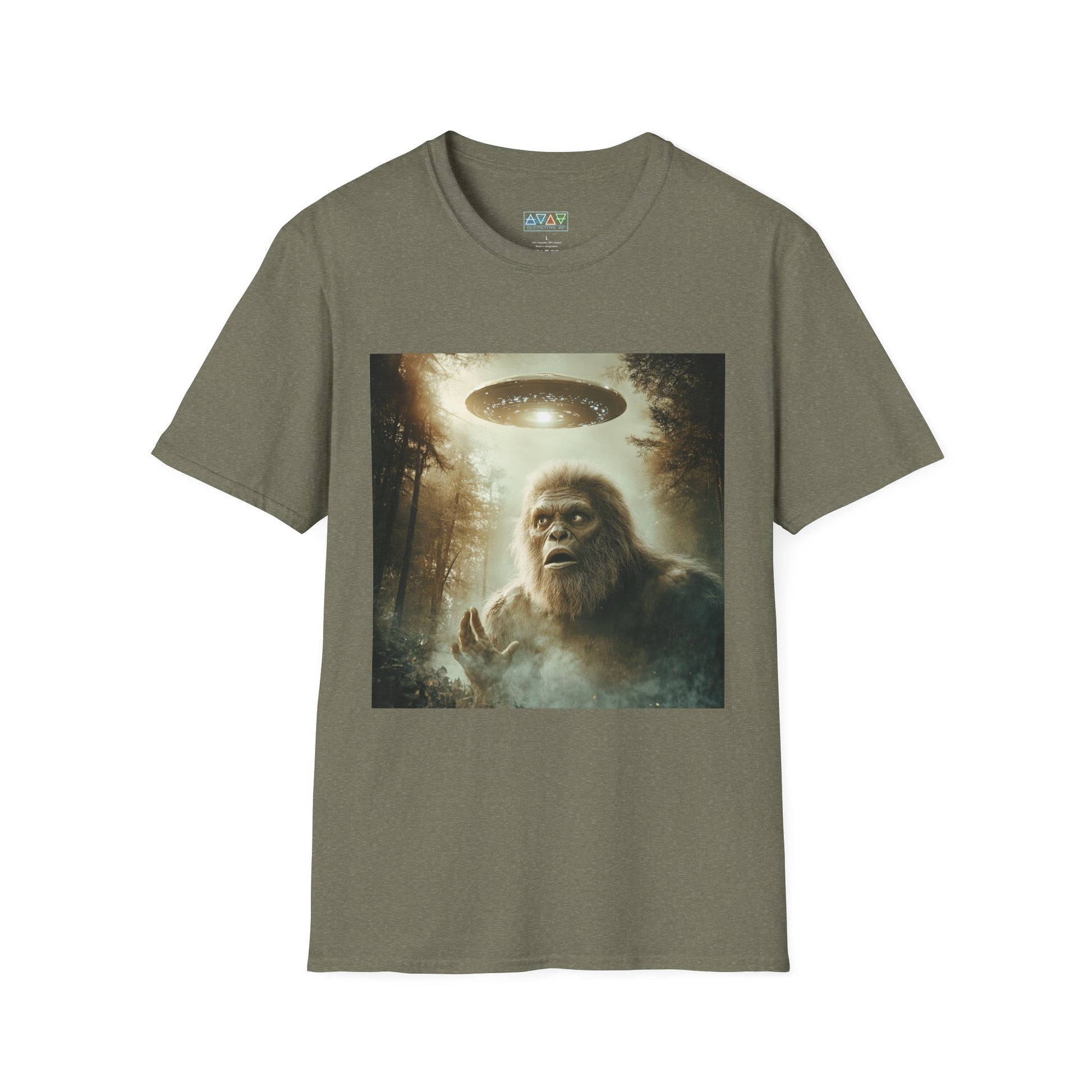 Bigfoot UFO Unisex Softstyle T-Shirt, Funny Graphic Tee, Sasquatch Clothing, Alien Lover Gift, Outdoor Adventure Tee, Casual Wear