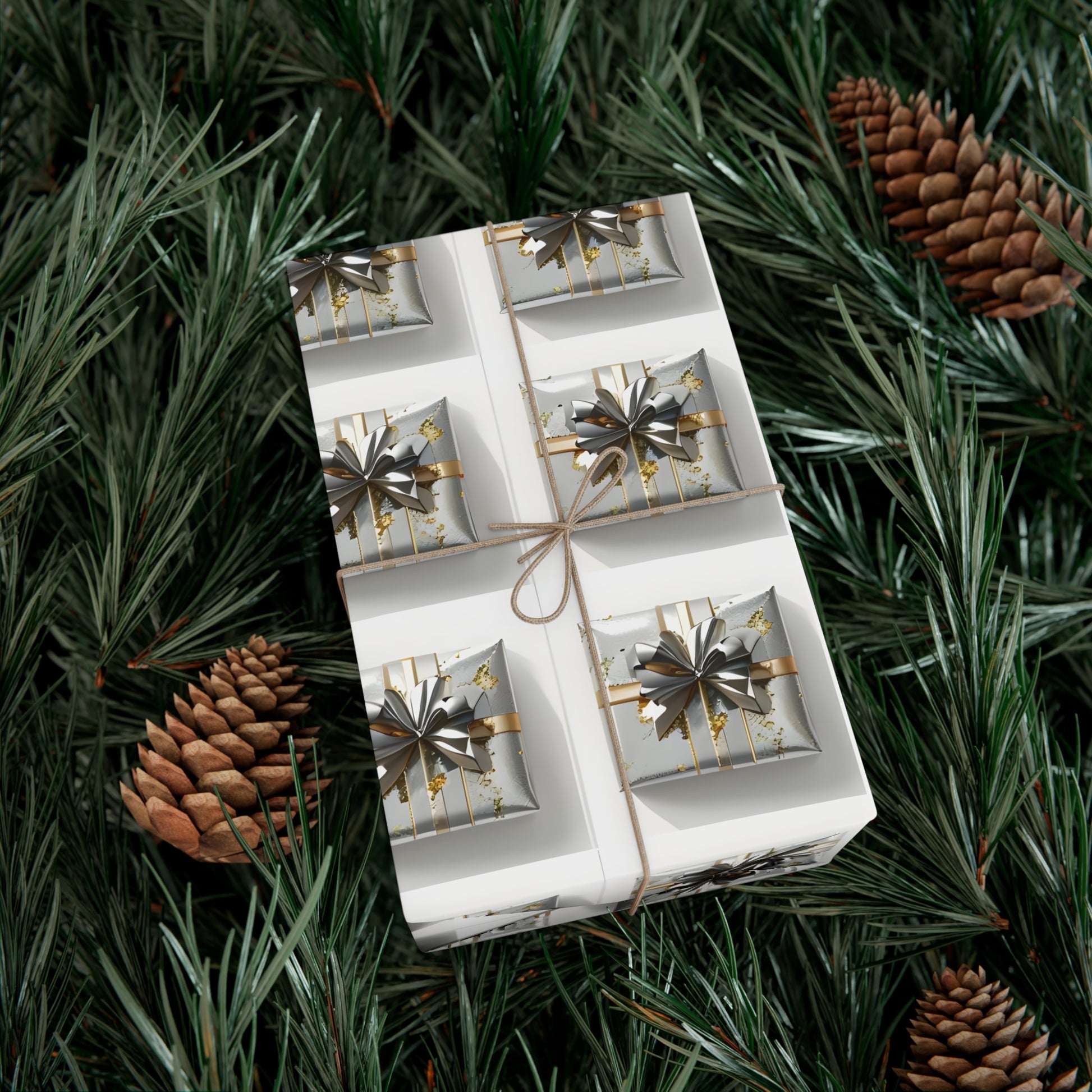 Wrapping Paper, Elegantly Wrapped Gifts On White Background with Silver & Gold Bows - Gift Wrap Rolls, Eco-Friendly Gift Wrap, Holiday
