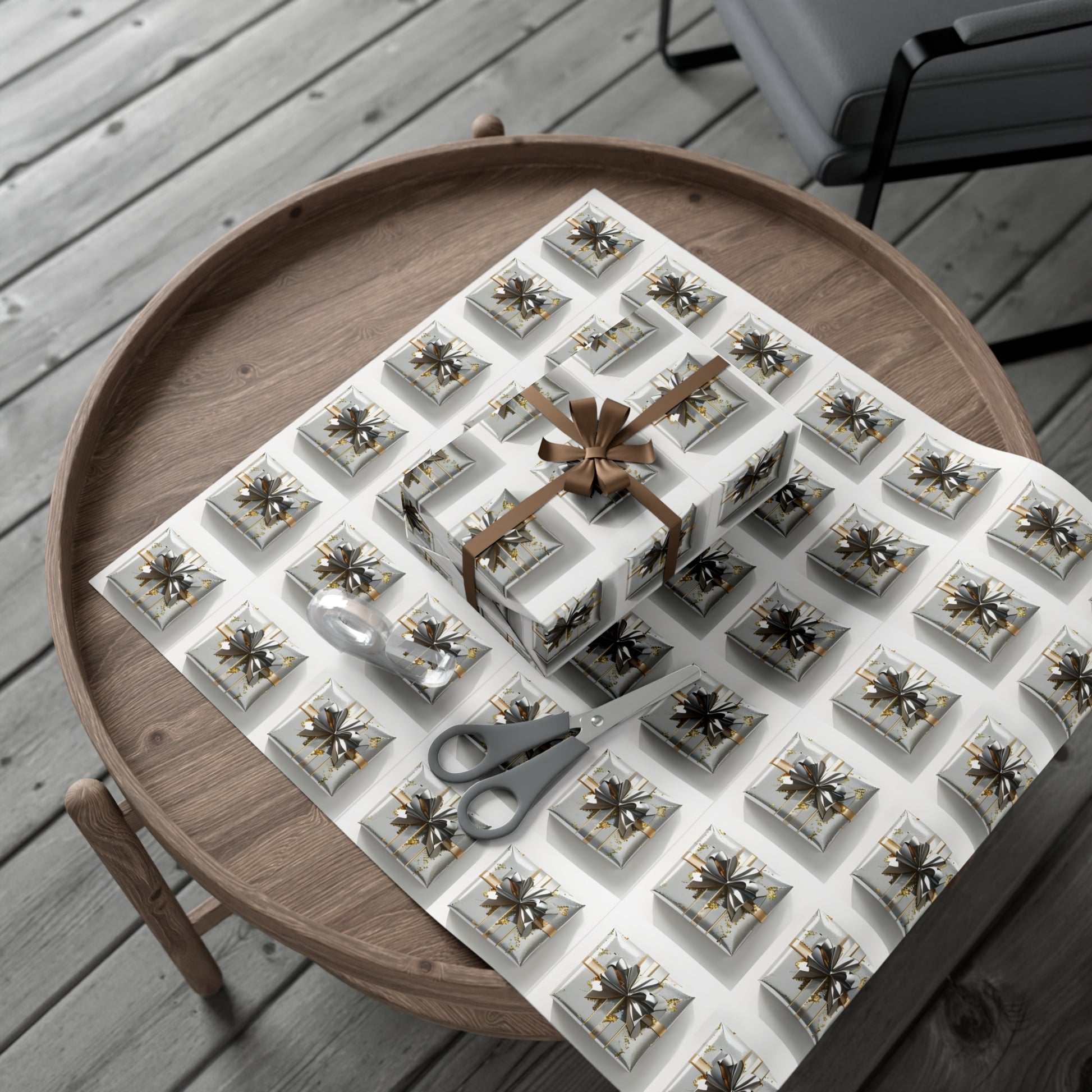 Wrapping Paper, Elegantly Wrapped Gifts On White Background with Silver & Gold Bows - Gift Wrap Rolls, Eco-Friendly Gift Wrap, Holiday