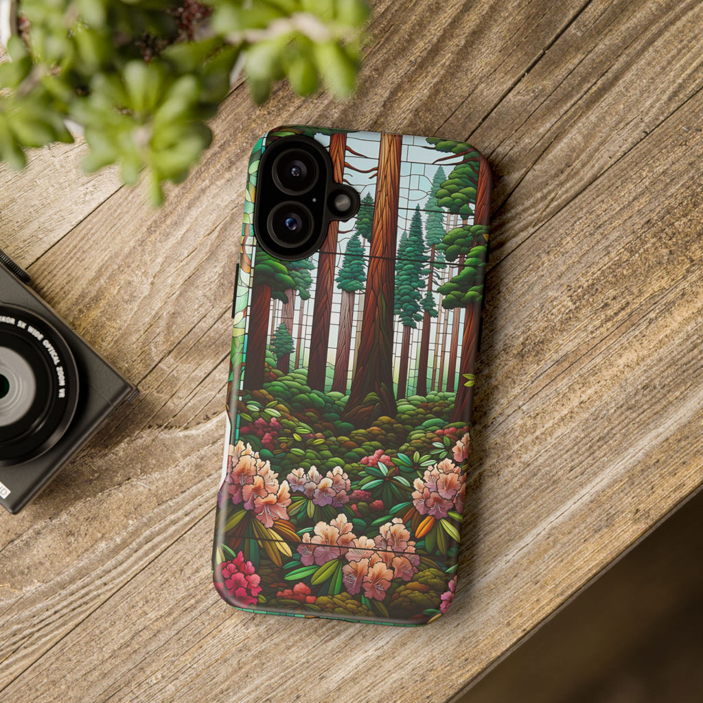 Nature Inspired Tough Cases - Redwood Trees & Rhododendrons Stained Glass iPhone Cover, Protective Phone Shell, Unique Samsung Galaxy Case,