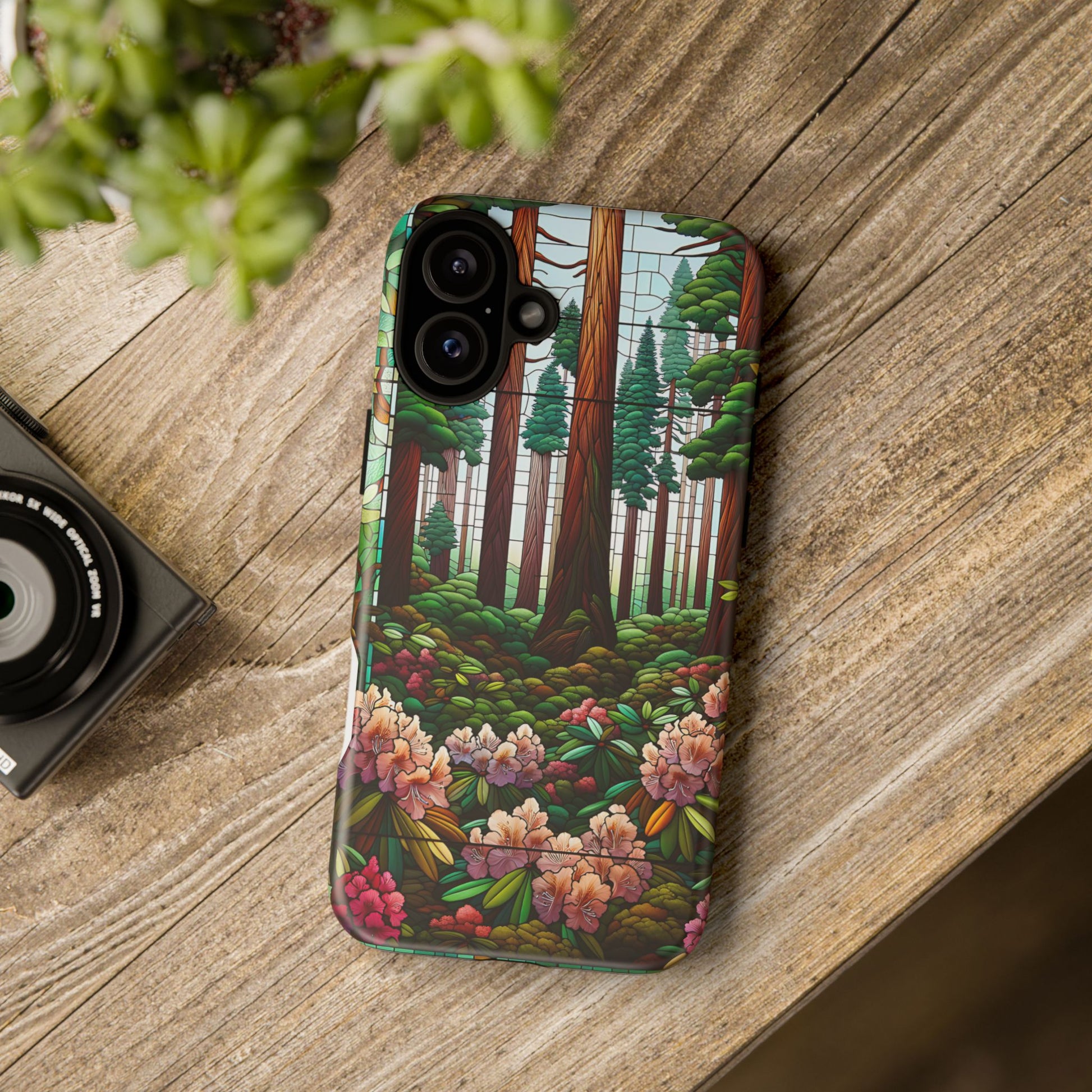 Nature Inspired Tough Cases - Redwood Trees & Rhododendrons Stained Glass iPhone Cover, Protective Phone Shell, Unique Samsung Galaxy Case,