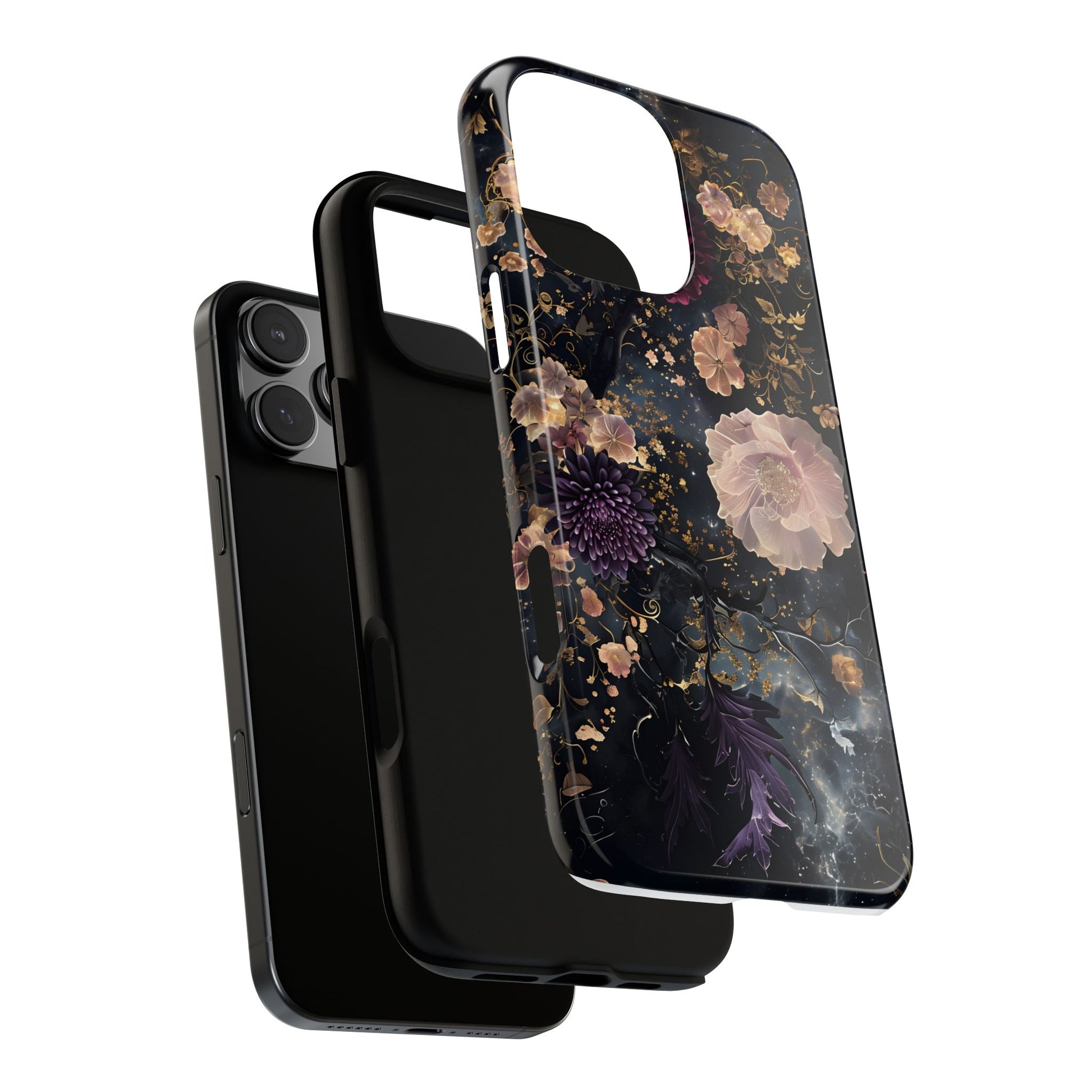 Phone Case, Whimsical Floral Pattern Against Cosmic Nebulous Background. Galaxy, Space, Tough Protective Cover, Unique Gift, Trendy