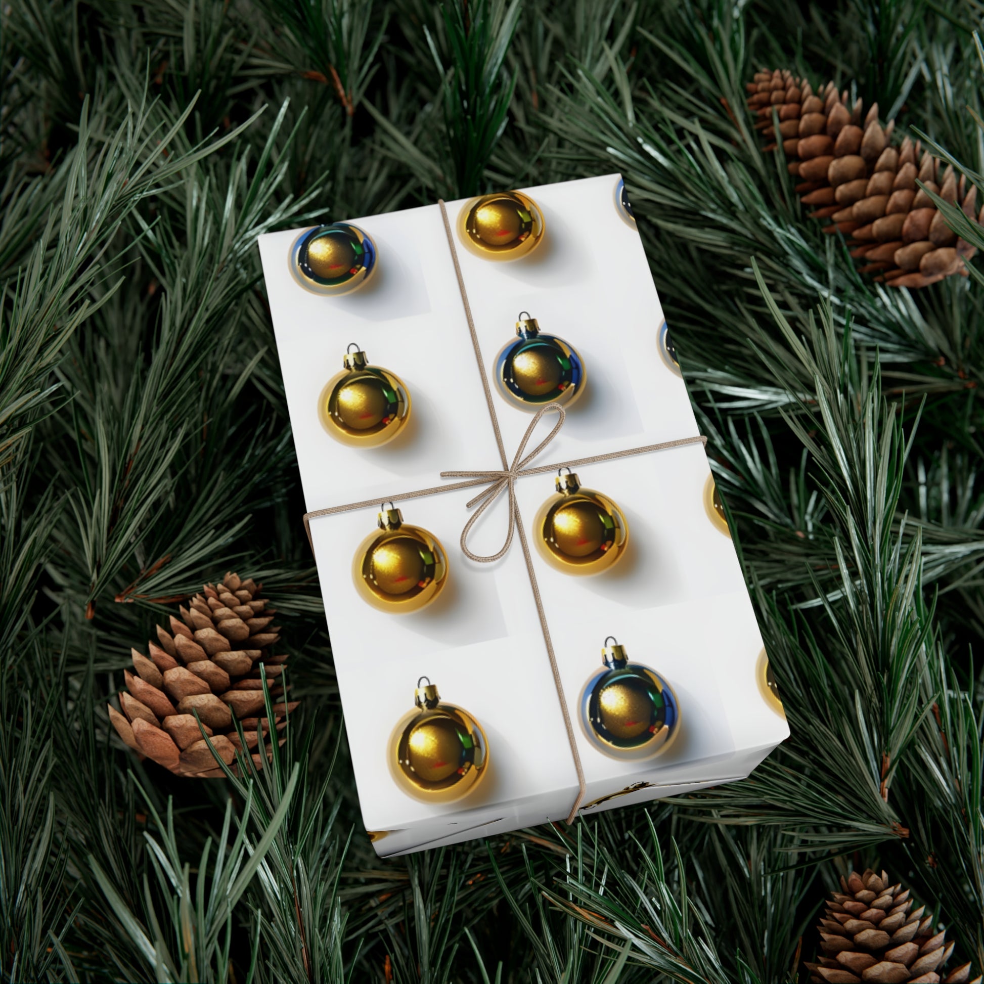 Wrapping Paper, Gold Christmas Ornaments On White Background - Gift Wrap Rolls, Eco-Friendly Gift Wrap, Holiday