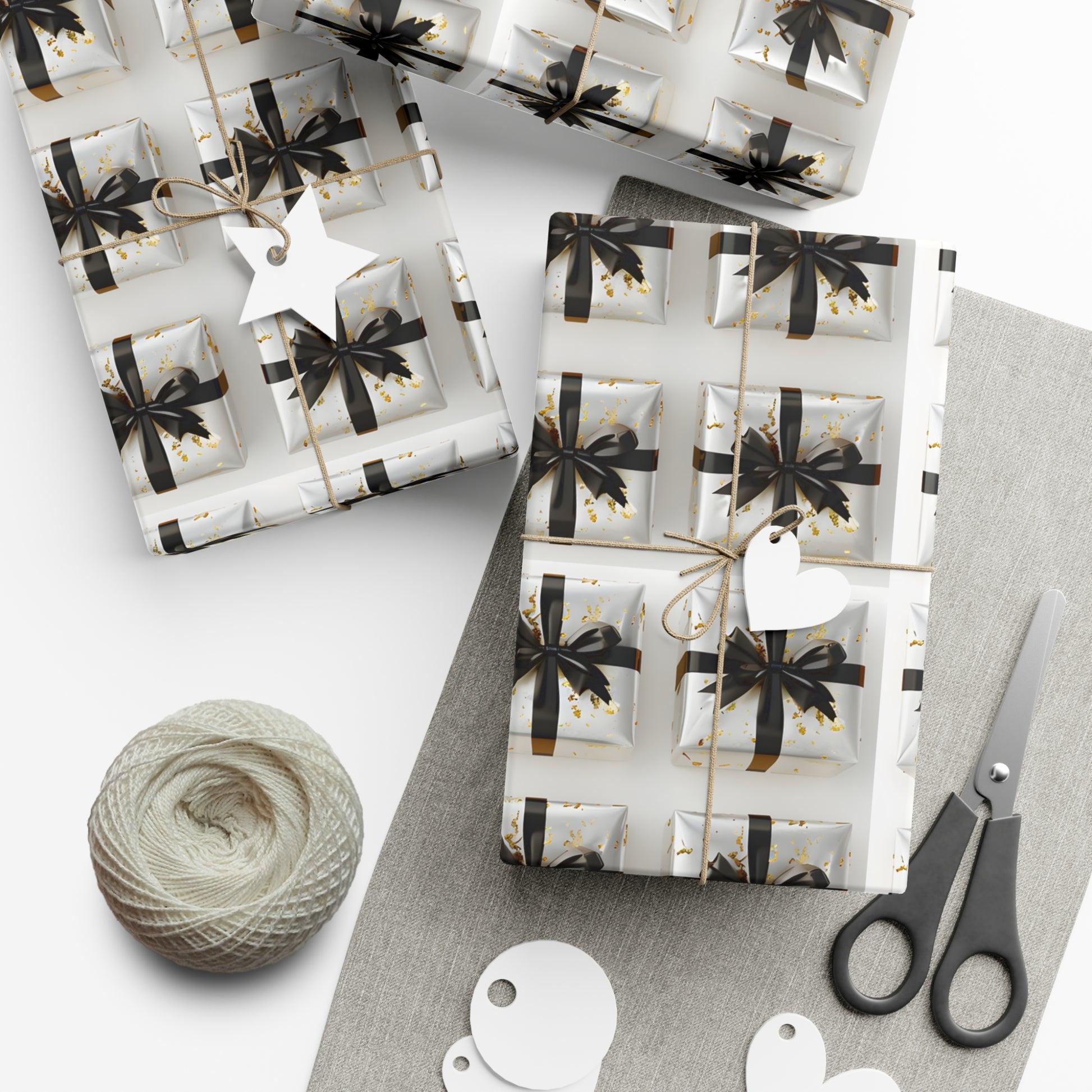 Wrapping Paper, Elegantly Wrapped Gifts On White Background with Black Bows - Gift Wrap Rolls, Eco-Friendly Gift Wrap, Holiday