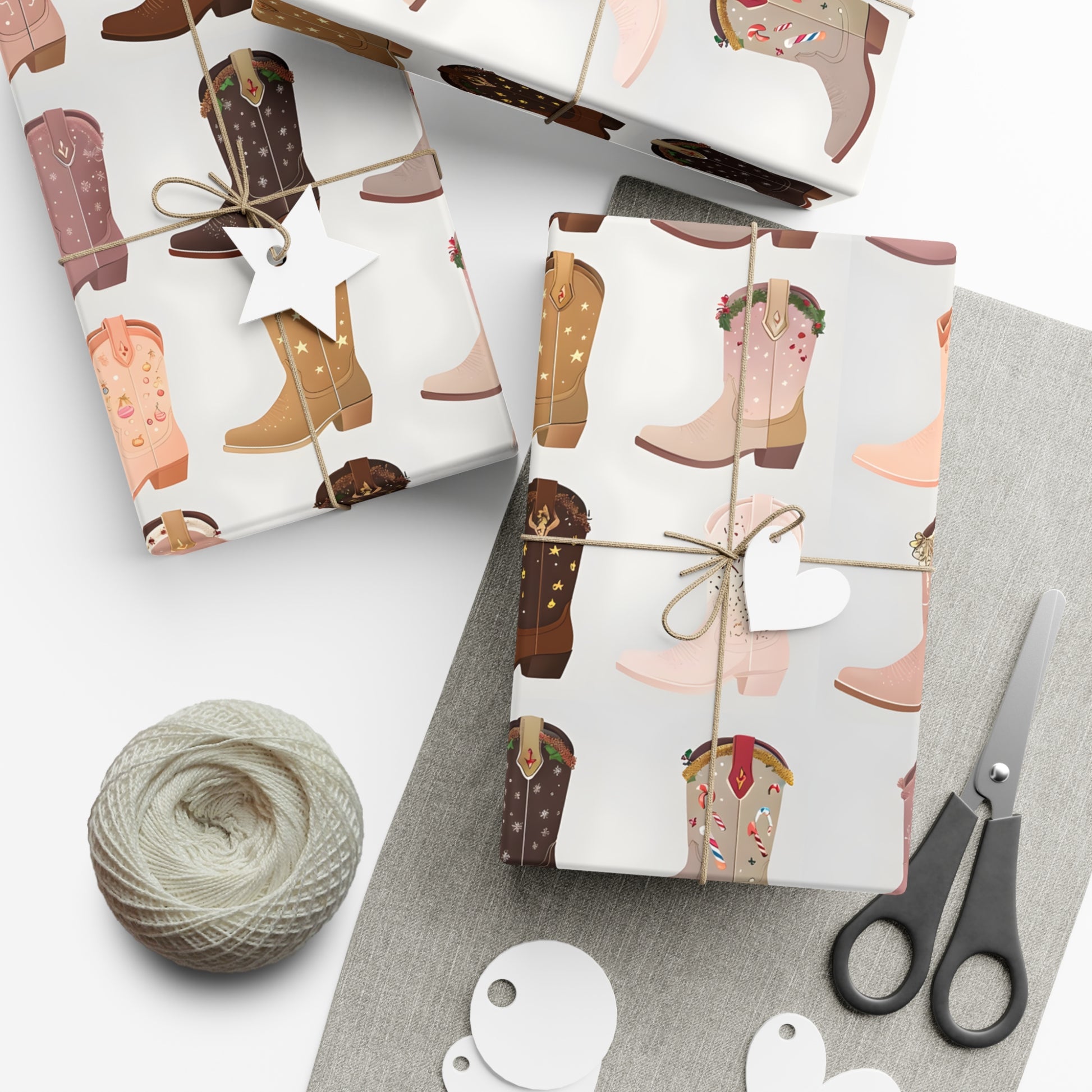 Wrapping Paper, Colorful Cowboy Boots Displaying Festive Holiday Designs, Christmas Wrapping, Gift Packaging, Festive Decor, Holiday Gift