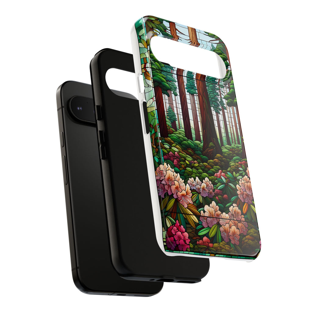 Nature Inspired Tough Cases - Redwood Trees & Rhododendrons Stained Glass iPhone Cover, Protective Phone Shell, Unique Samsung Galaxy Case,