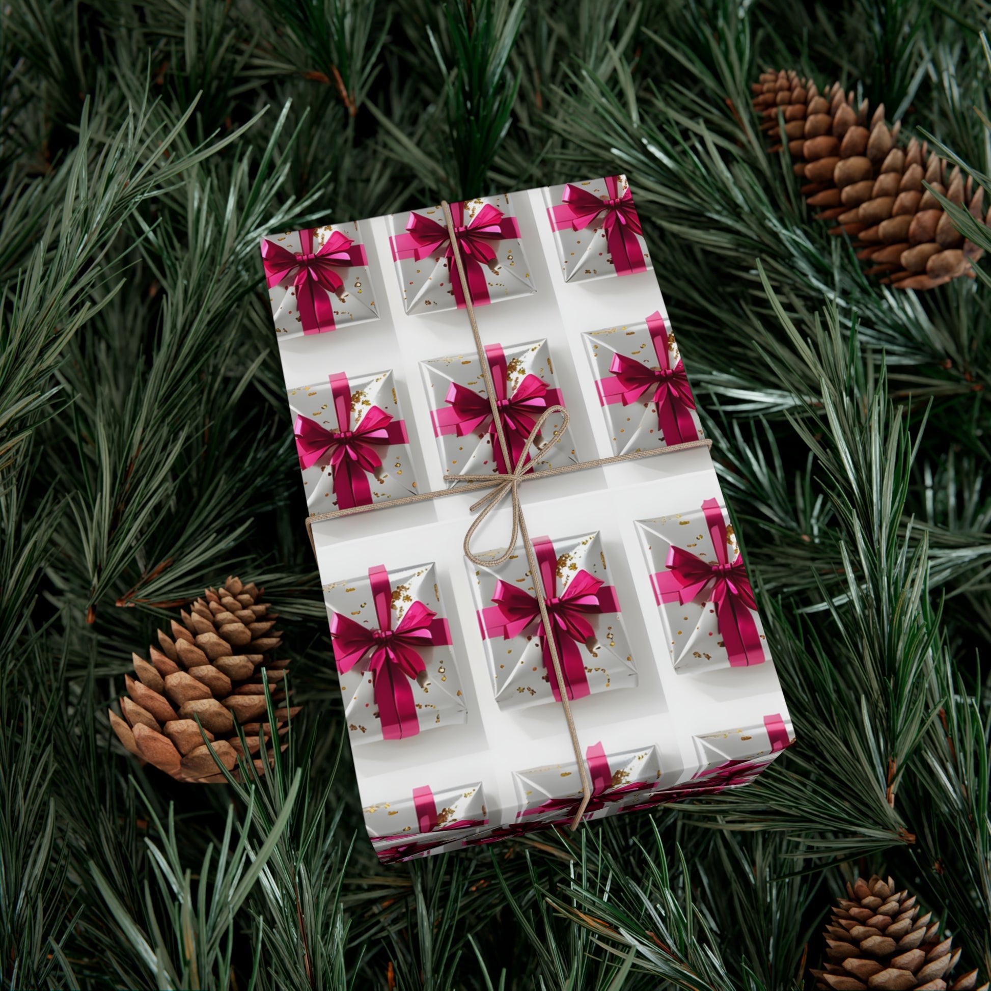 Wrapping Paper, Elegantly Wrapped Gifts On White Background with Hot Pink Bows - Gift Wrap Rolls, Eco-Friendly Gift Wrap, Holiday