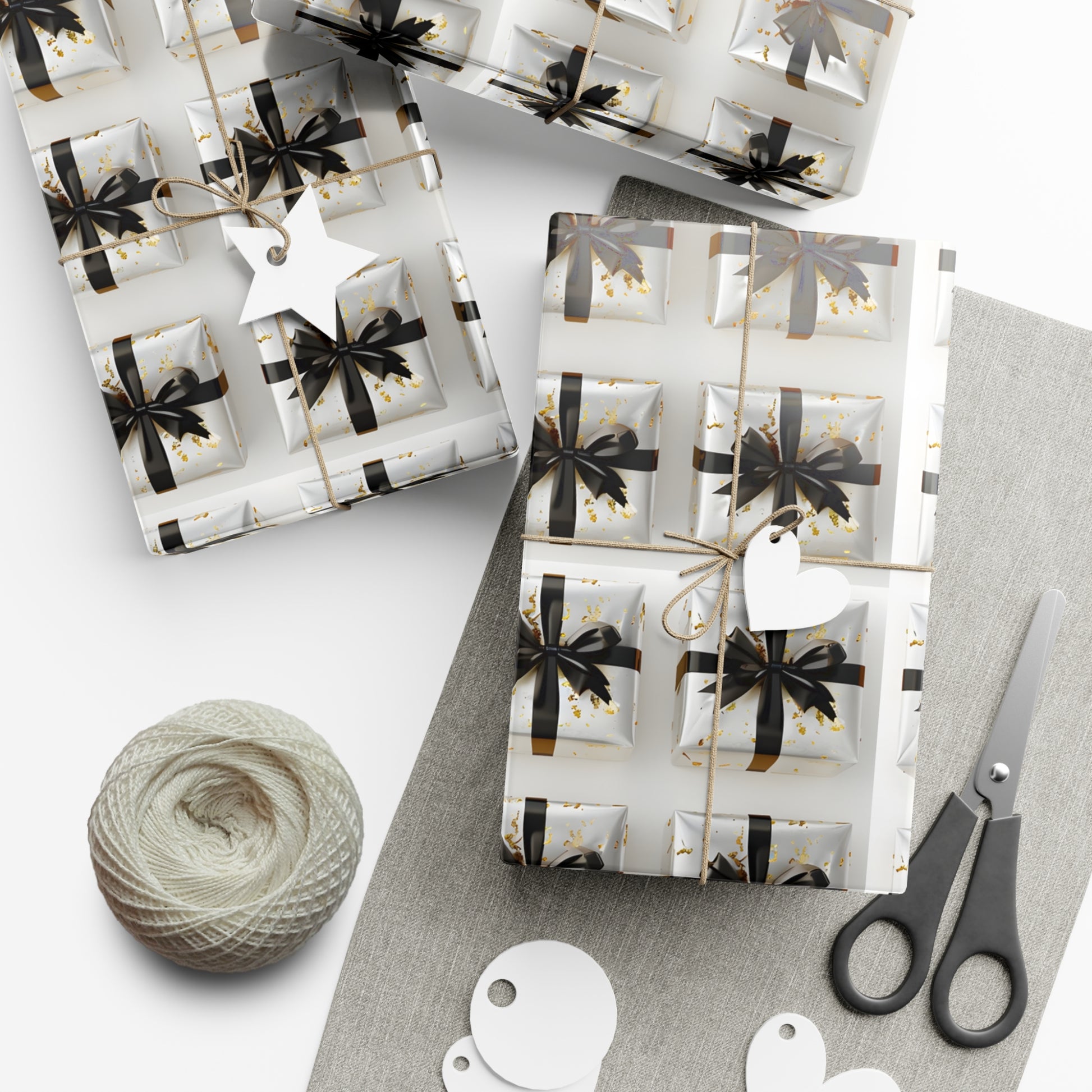 Wrapping Paper, Elegantly Wrapped Gifts On White Background with Black Bows - Gift Wrap Rolls, Eco-Friendly Gift Wrap, Holiday