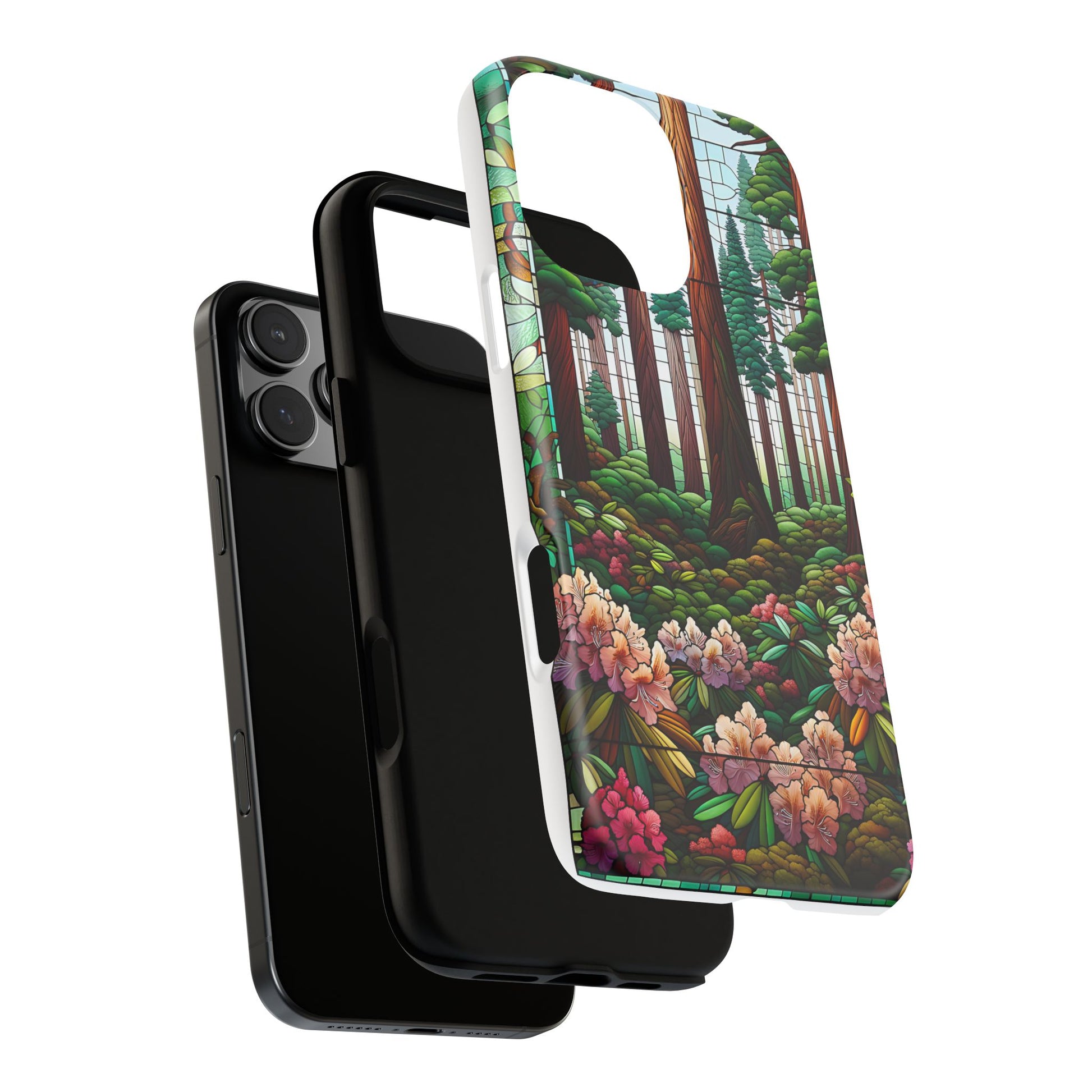 Nature Inspired Tough Cases - Redwood Trees & Rhododendrons Stained Glass iPhone Cover, Protective Phone Shell, Unique Samsung Galaxy Case,