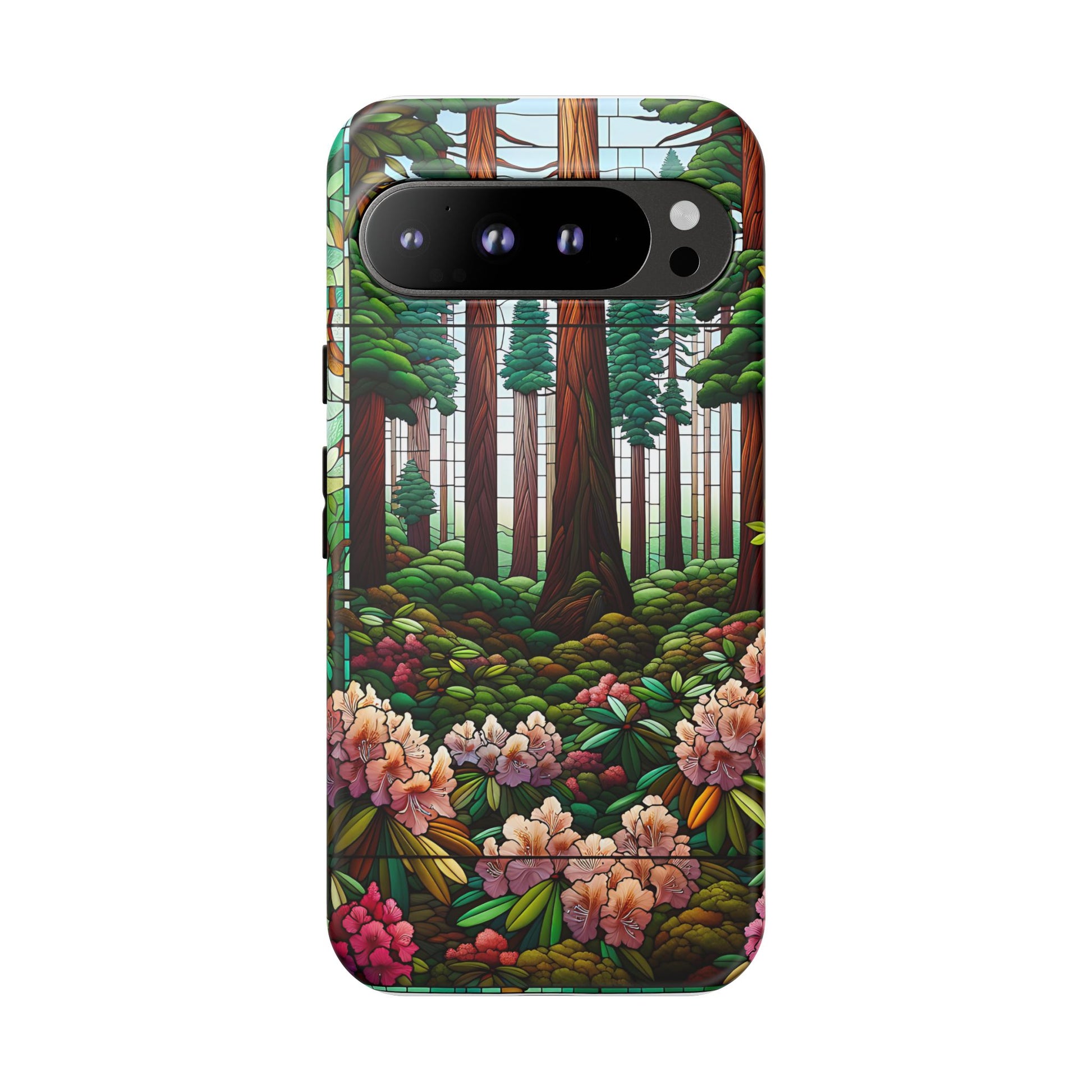 Nature Inspired Tough Cases - Redwood Trees & Rhododendrons Stained Glass iPhone Cover, Protective Phone Shell, Unique Samsung Galaxy Case,