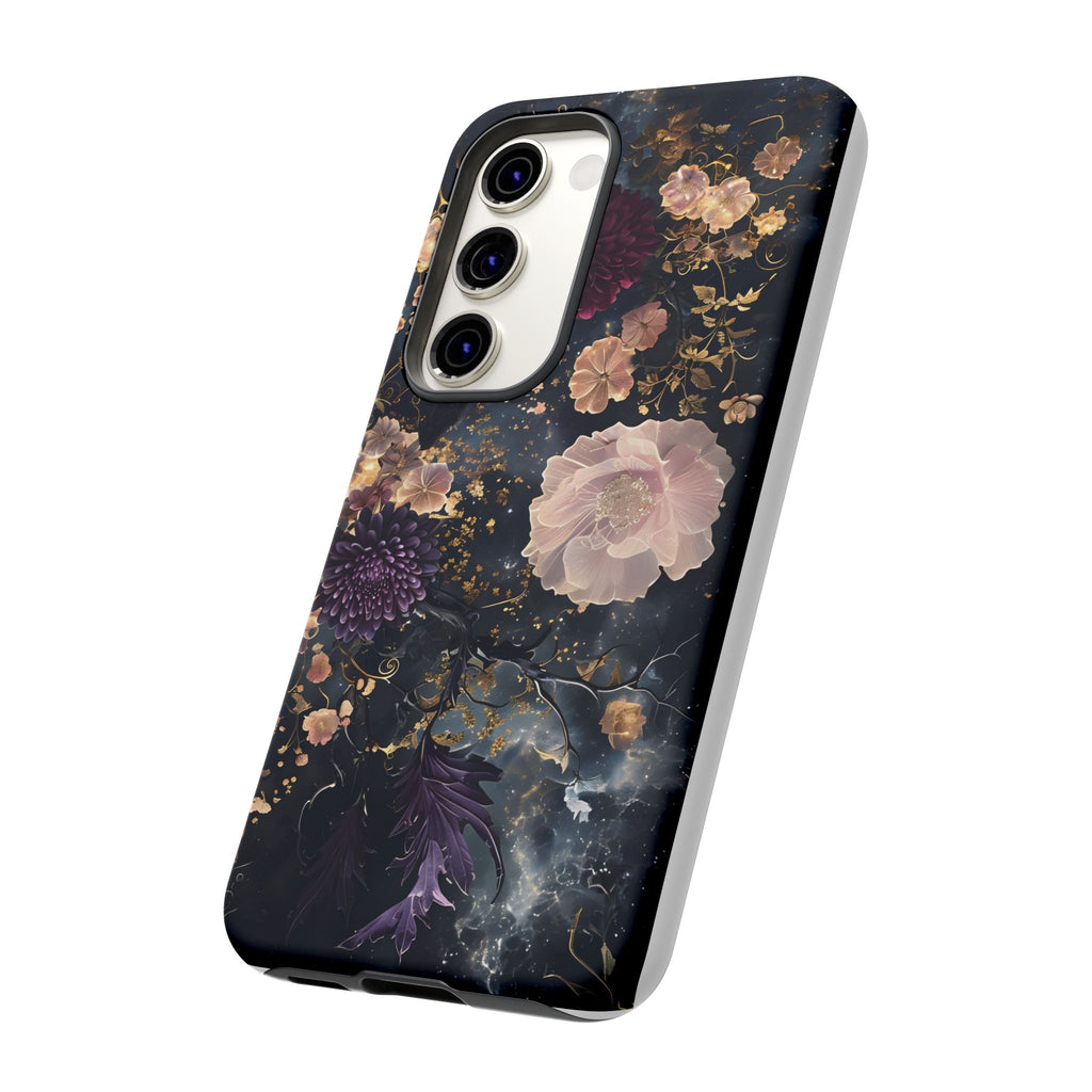 Phone Case, Whimsical Floral Pattern Against Cosmic Nebulous Background. Galaxy, Space, Tough Protective Cover, Unique Gift, Trendy