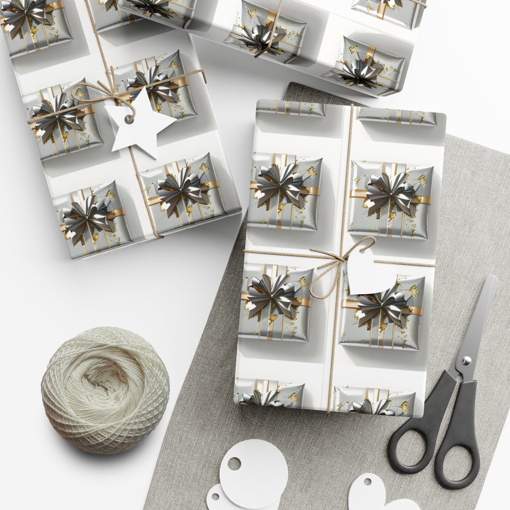 Wrapping Paper, Elegantly Wrapped Gifts On White Background with Silver & Gold Bows - Gift Wrap Rolls, Eco-Friendly Gift Wrap, Holiday
