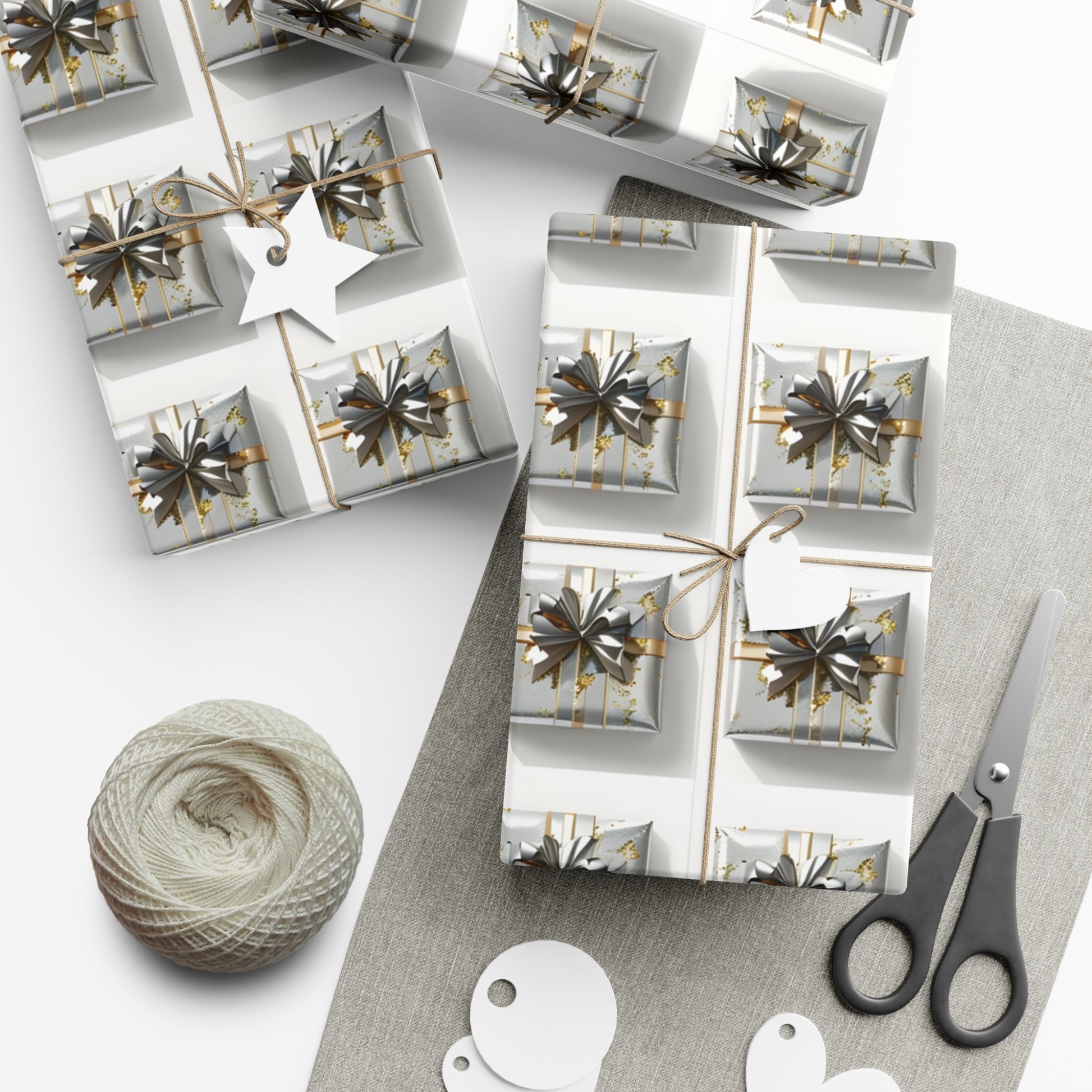 Wrapping Paper, Elegantly Wrapped Gifts On White Background with Silver & Gold Bows - Gift Wrap Rolls, Eco-Friendly Gift Wrap, Holiday