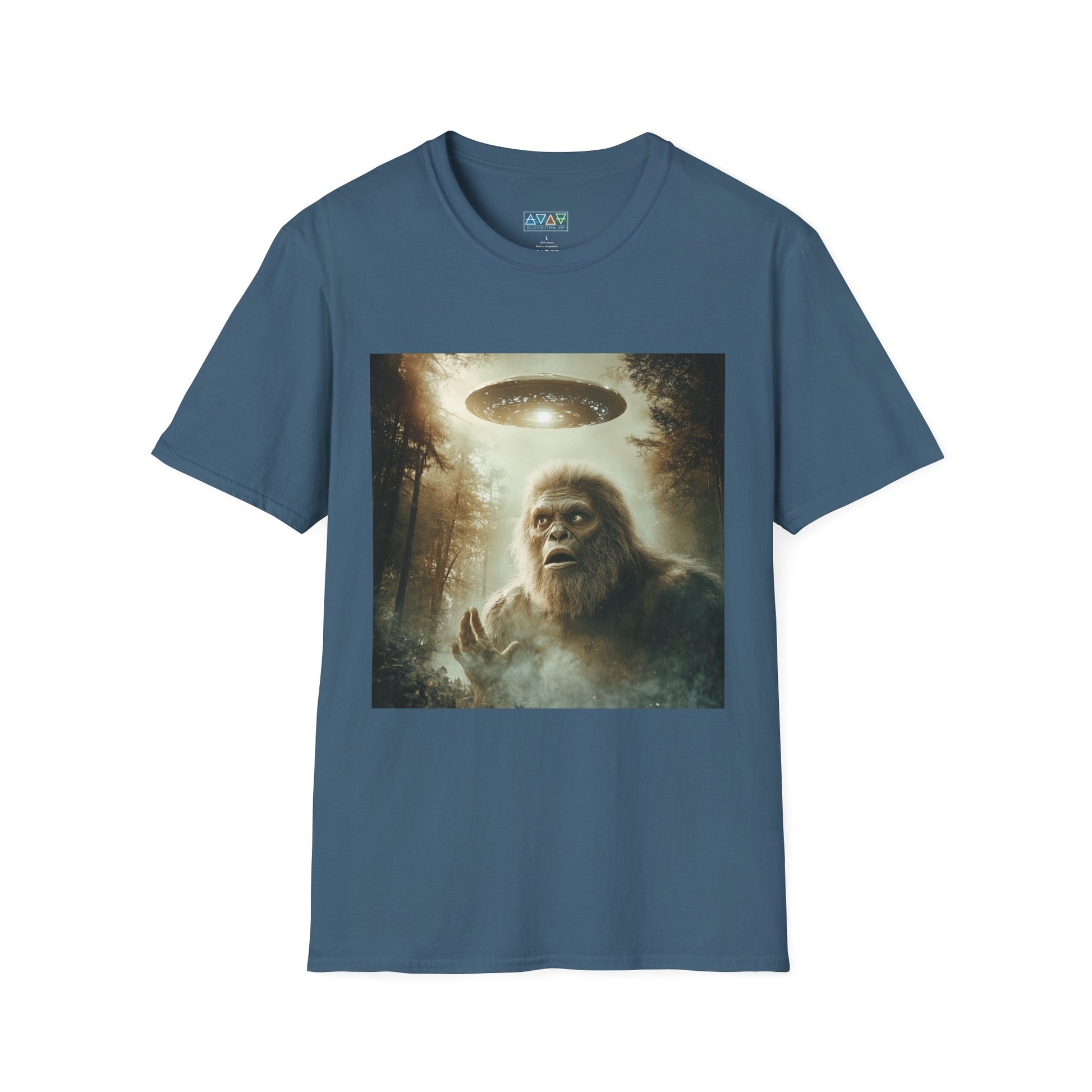 Bigfoot UFO Unisex Softstyle T-Shirt, Funny Graphic Tee, Sasquatch Clothing, Alien Lover Gift, Outdoor Adventure Tee, Casual Wear