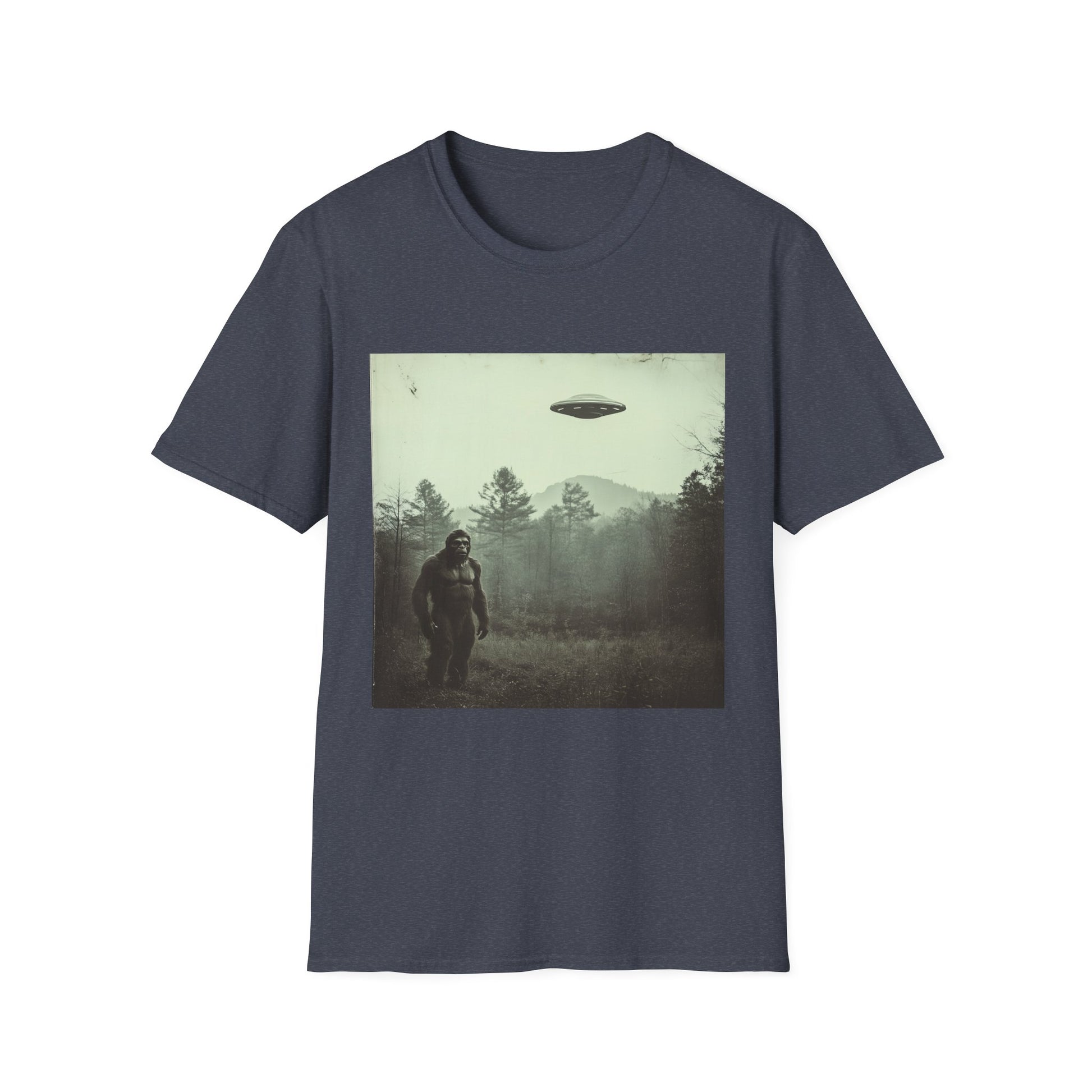 Bigfoot & UFO Unisex T-Shirt, Sasquatch Alien Tee, Cryptid Spaceship Shirt, Extraterrestrial Fantasy Clothing, Funny Yeti Top