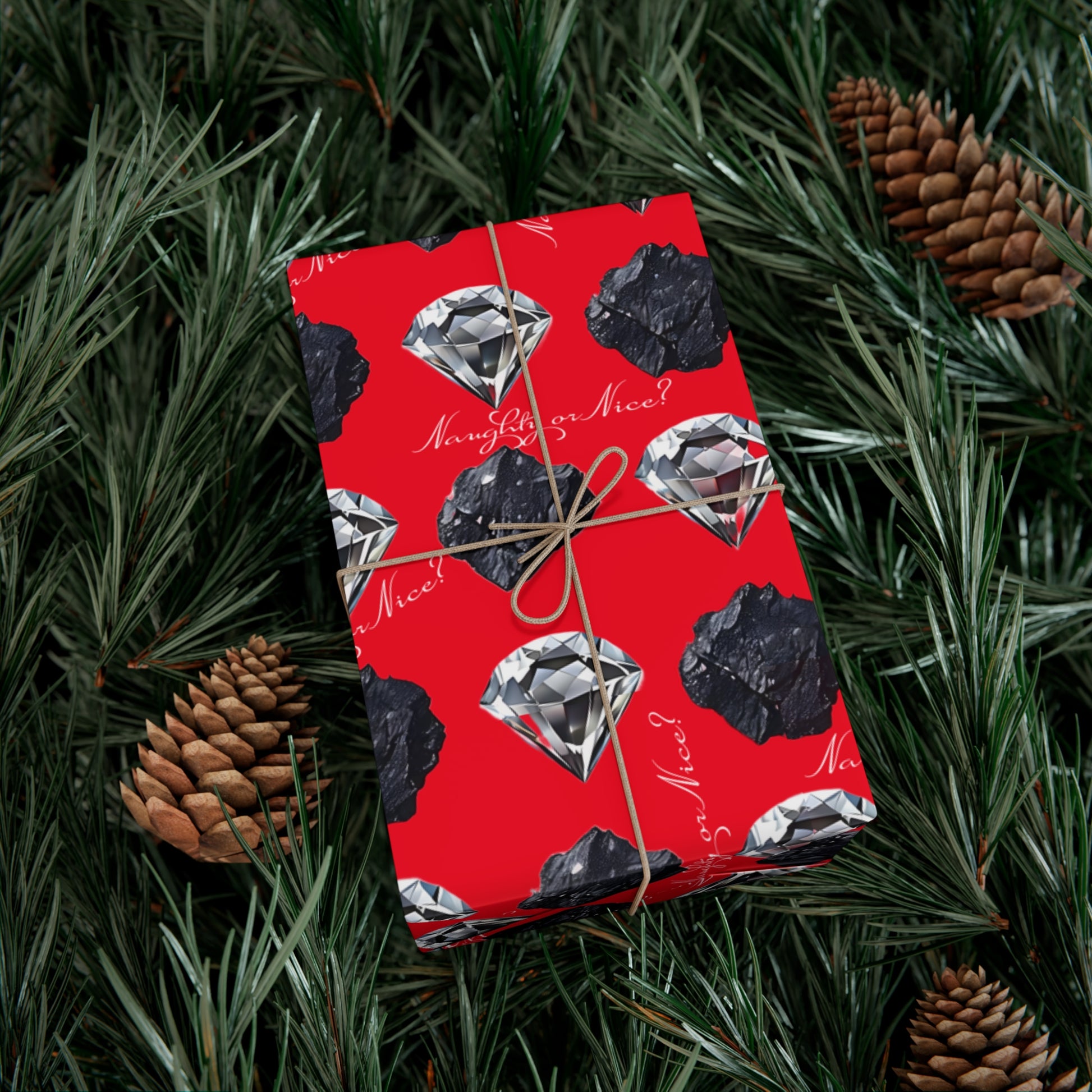 Wrapping Paper, Naughty or Nice Diamonds and Coal on Red Background - Gift Wrap Rolls, Eco-Friendly, Holiday, Christmas Gifts