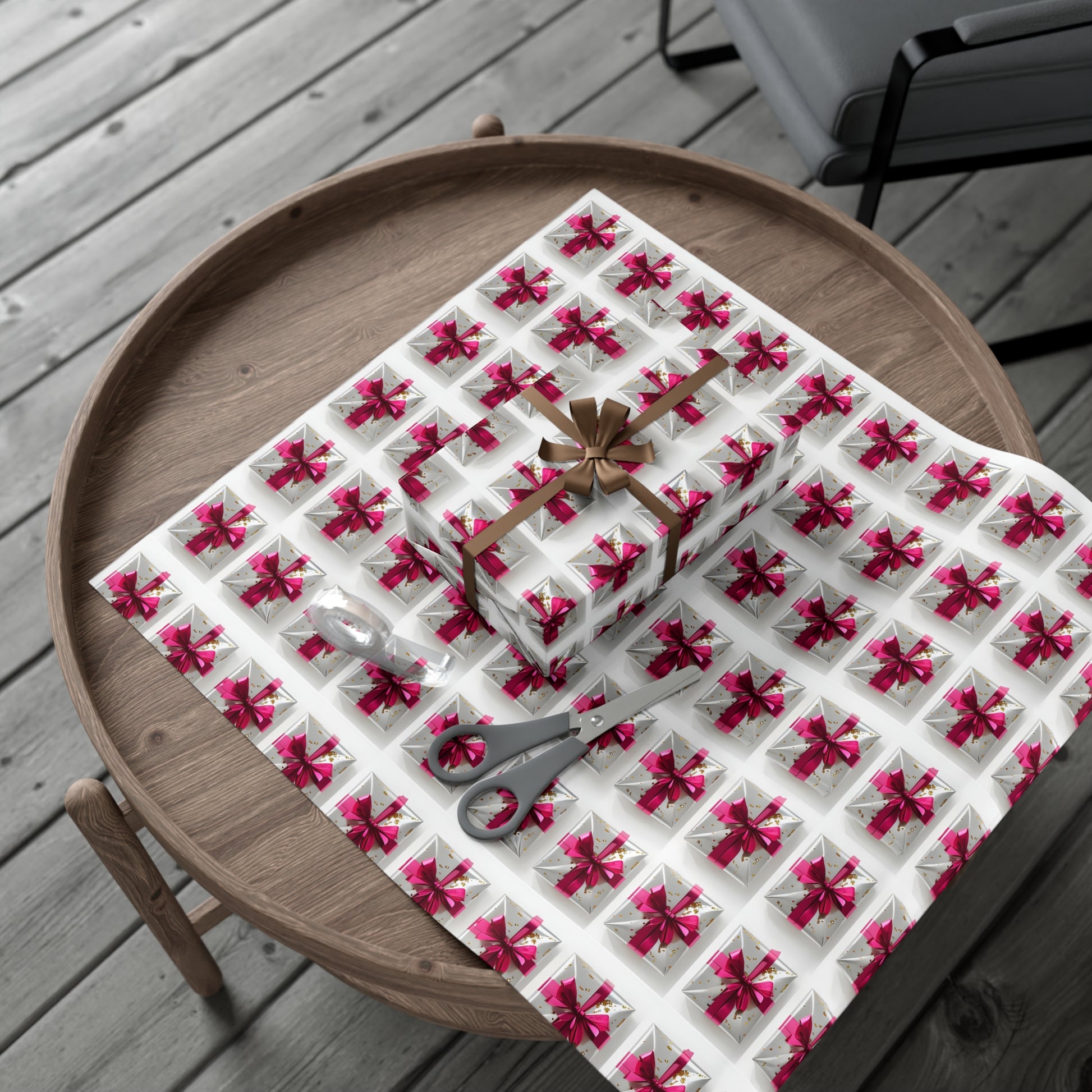Wrapping Paper, Elegantly Wrapped Gifts On White Background with Hot Pink Bows - Gift Wrap Rolls, Eco-Friendly Gift Wrap, Holiday