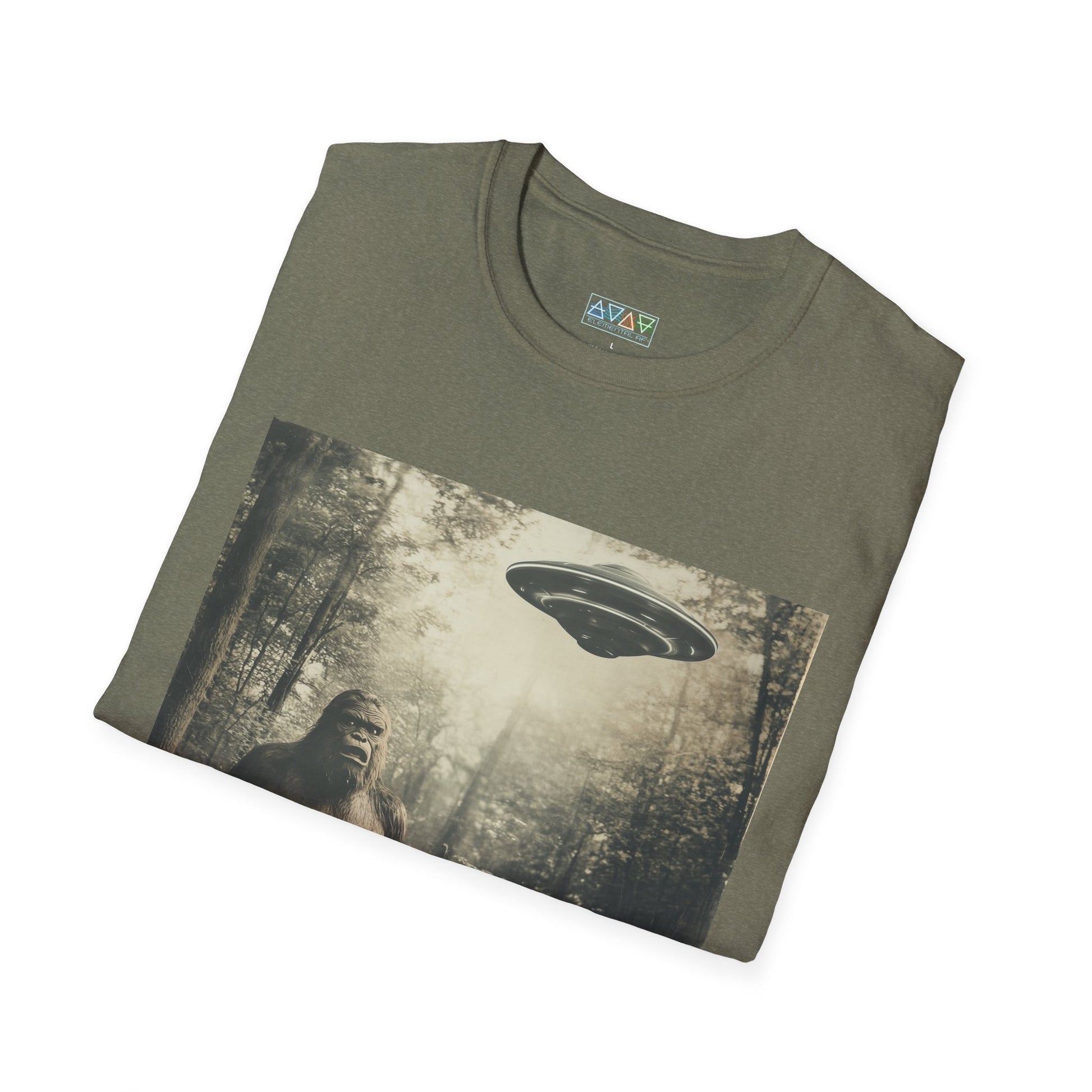 Bigfoot and UFO Unisex T-Shirt, Fun Graphic Tee for Nature Lovers, Quirky Gift for Campers, Outdoor Adventure Apparel
