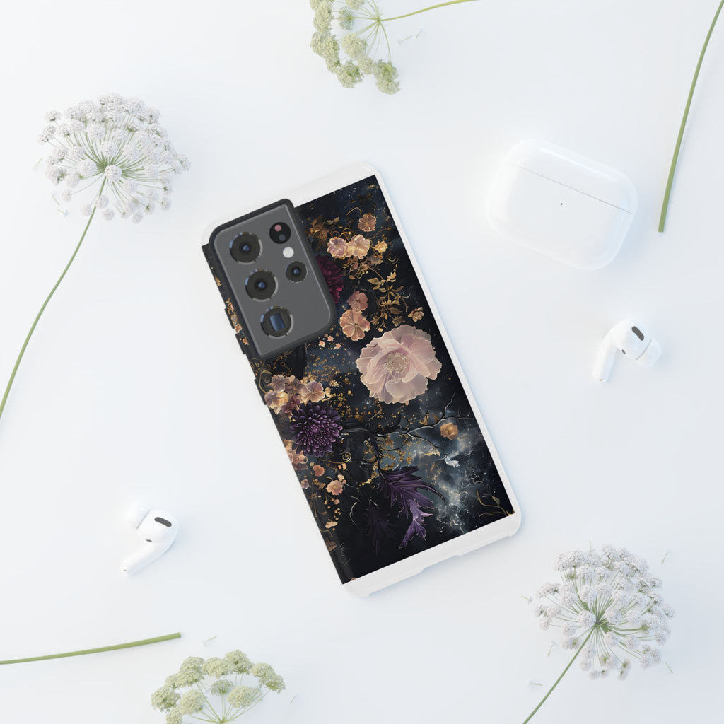 Phone Case, Whimsical Floral Pattern Against Cosmic Nebulous Background. Galaxy, Space, Tough Protective Cover, Unique Gift, Trendy
