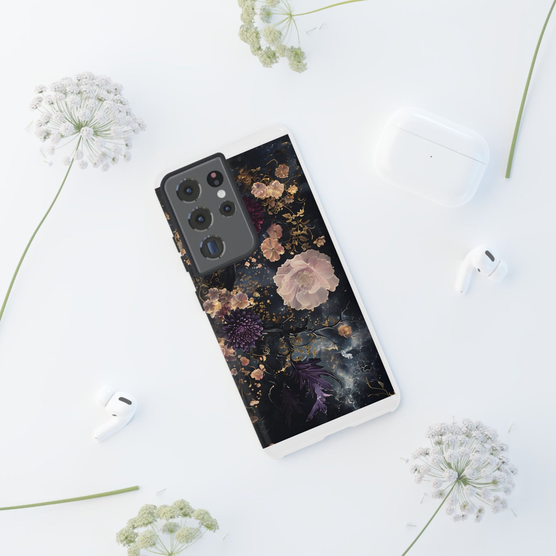 Phone Case, Whimsical Floral Pattern Against Cosmic Nebulous Background. Galaxy, Space, Tough Protective Cover, Unique Gift, Trendy