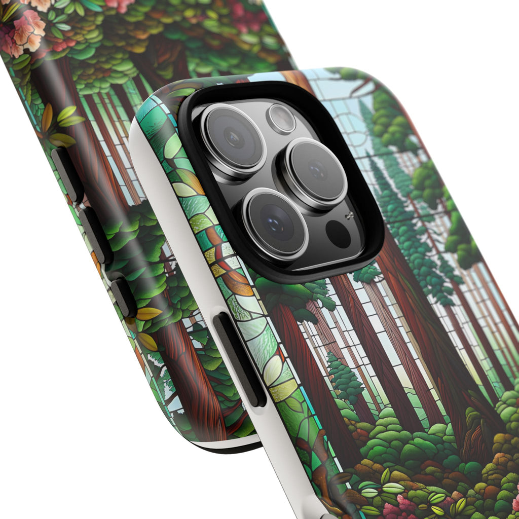 Nature Inspired Tough Cases - Redwood Trees & Rhododendrons Stained Glass iPhone Cover, Protective Phone Shell, Unique Samsung Galaxy Case,