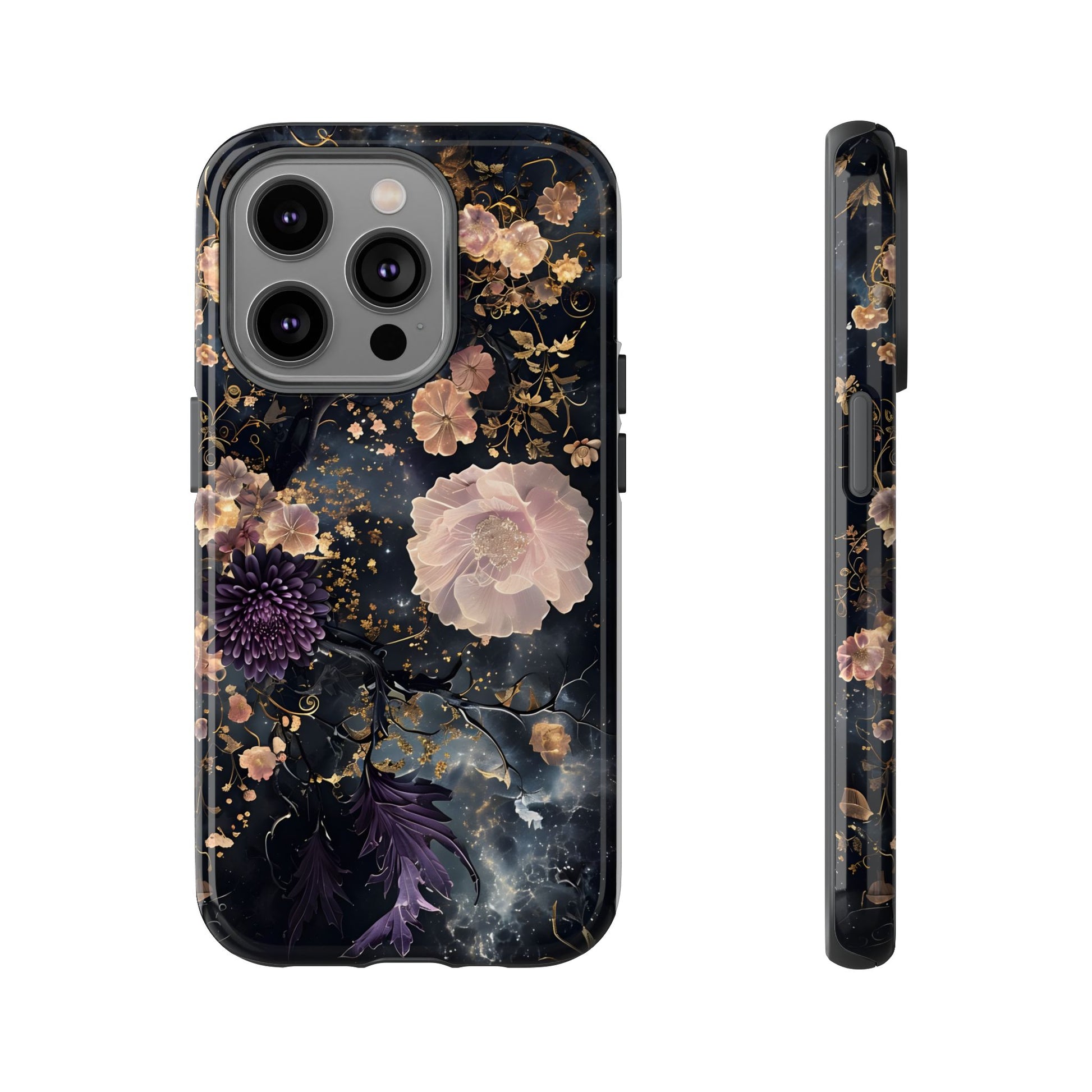Phone Case, Whimsical Floral Pattern Against Cosmic Nebulous Background. Galaxy, Space, Tough Protective Cover, Unique Gift, Trendy