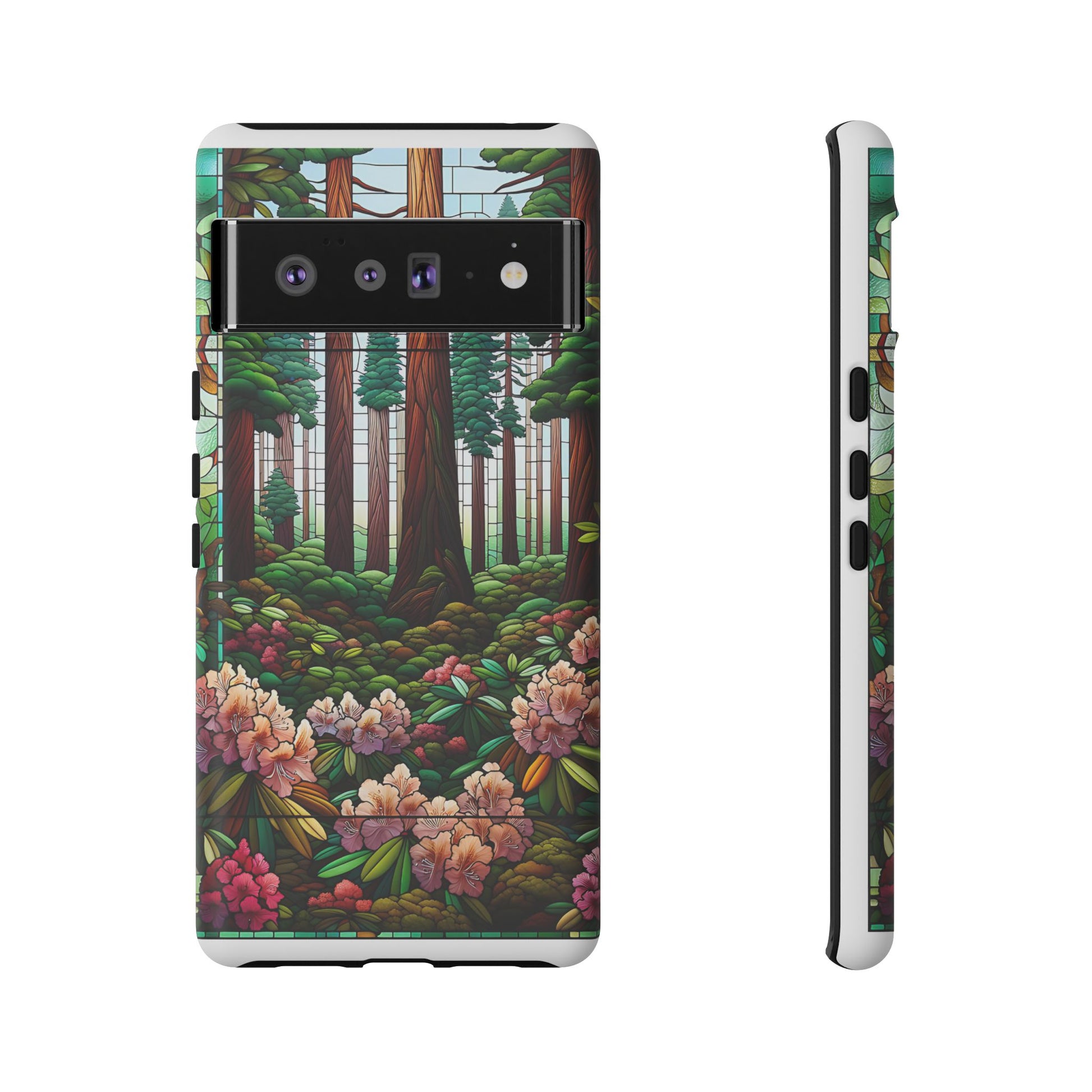 Nature Inspired Tough Cases - Redwood Trees & Rhododendrons Stained Glass iPhone Cover, Protective Phone Shell, Unique Samsung Galaxy Case,