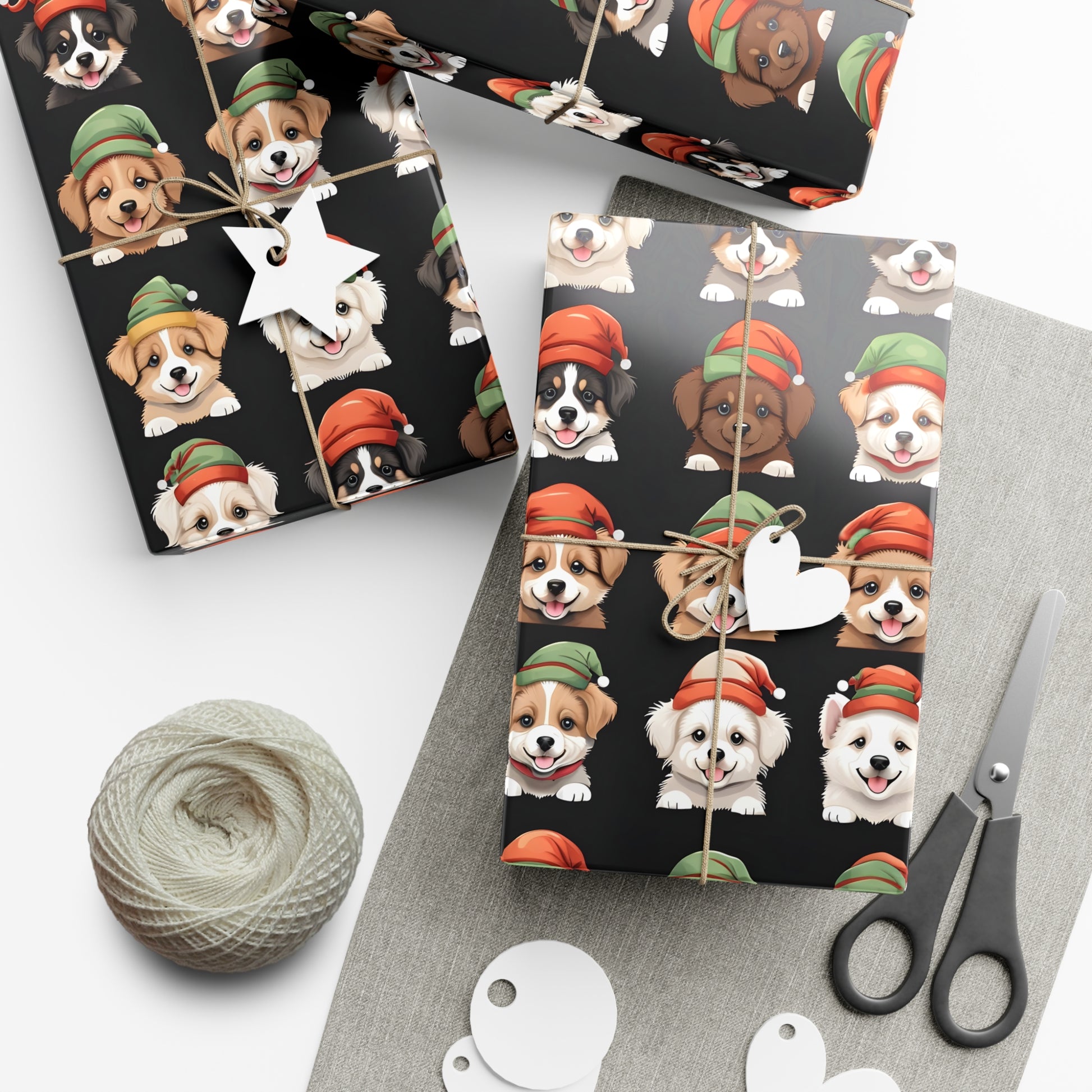 Cute Puppies Elf Caps Gift Wrap Papers - Festive Christmas Wrapping Paper Roll, Holiday Gift Packaging, Adorable Dog Lover Gift Wrap, Pet