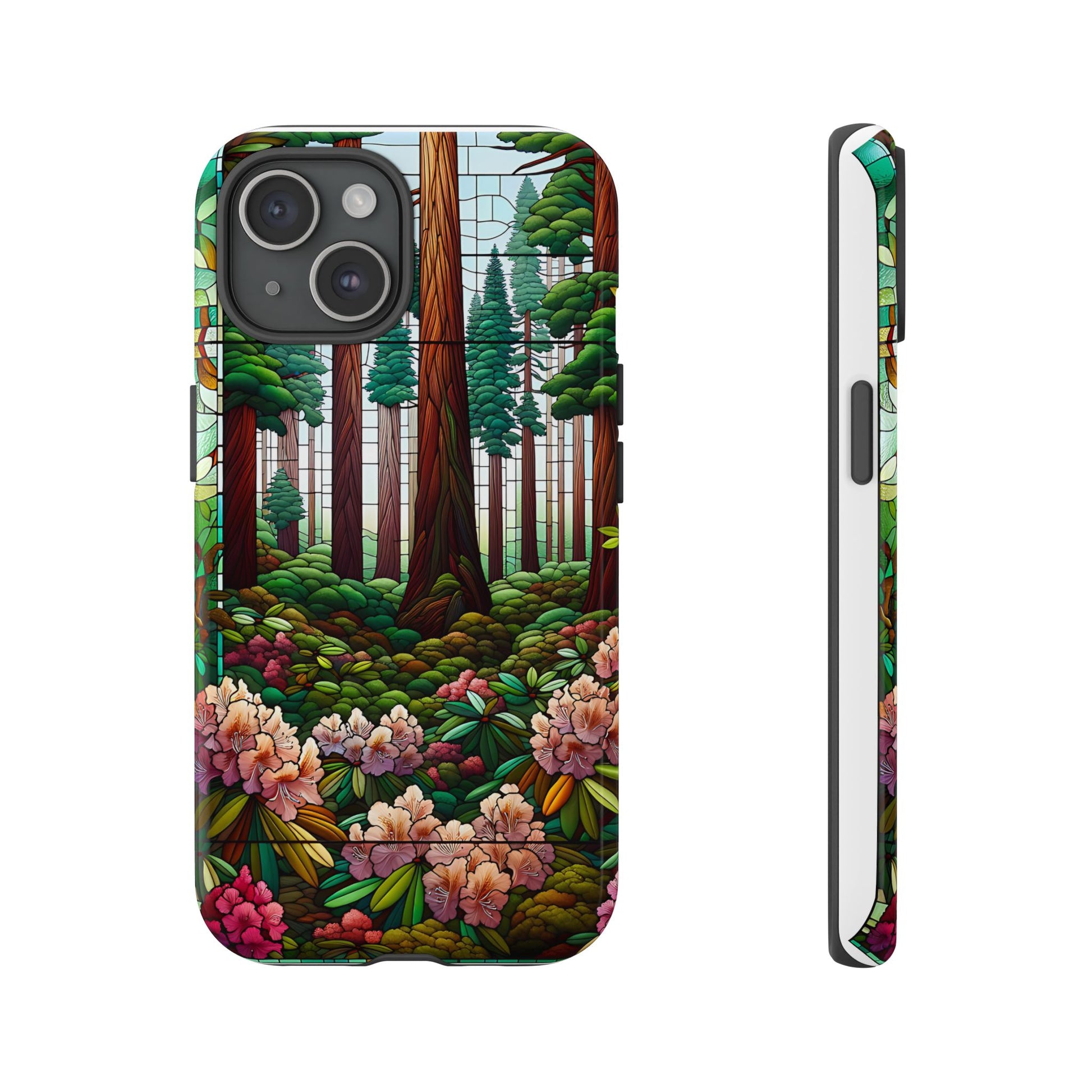 Nature Inspired Tough Cases - Redwood Trees & Rhododendrons Stained Glass iPhone Cover, Protective Phone Shell, Unique Samsung Galaxy Case,