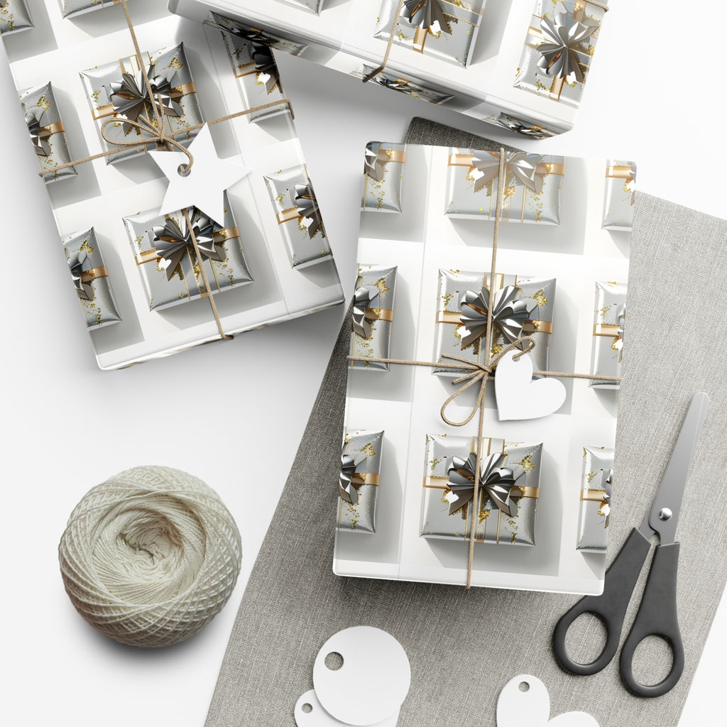 Wrapping Paper, Elegantly Wrapped Gifts On White Background with Silver & Gold Bows - Gift Wrap Rolls, Eco-Friendly Gift Wrap, Holiday