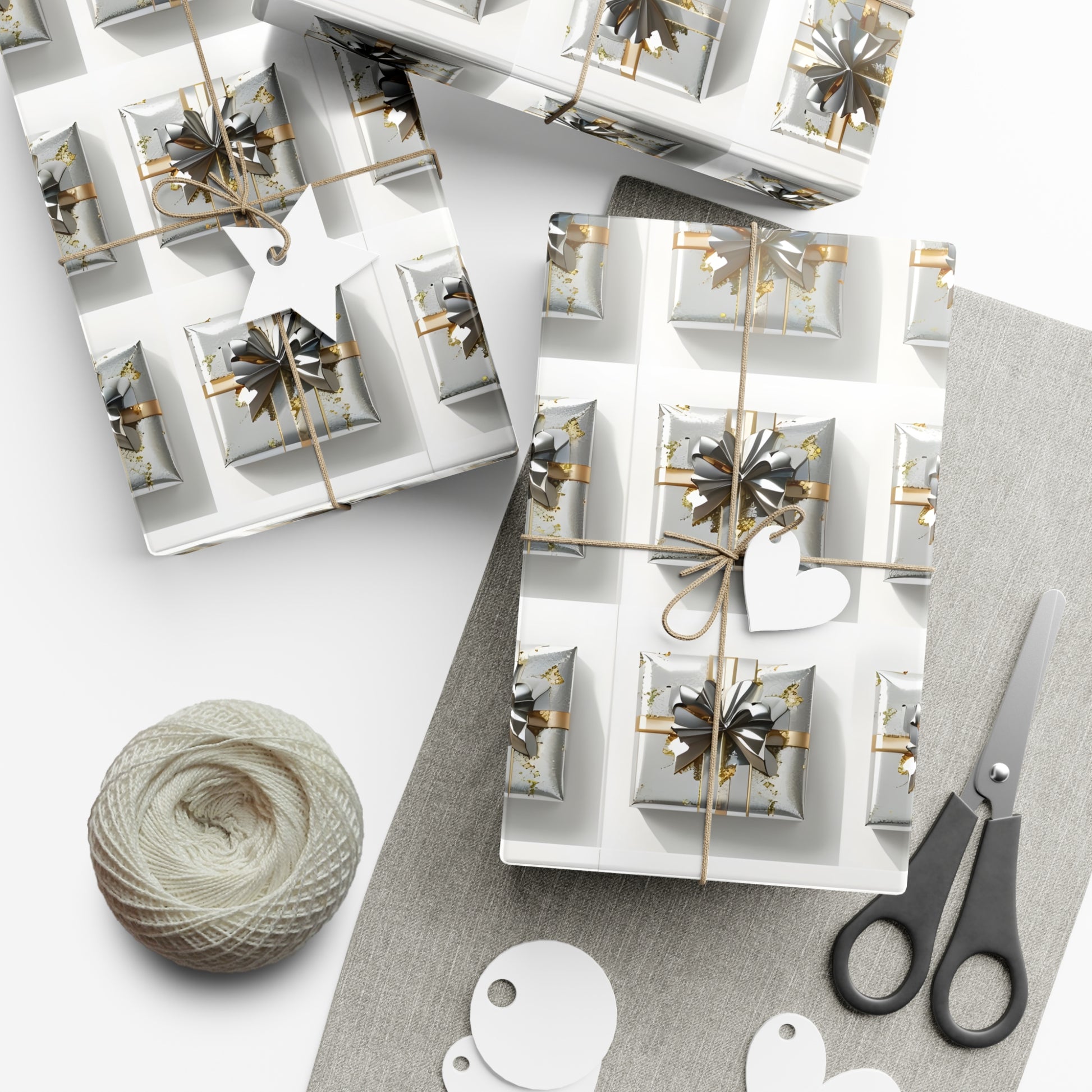 Wrapping Paper, Elegantly Wrapped Gifts On White Background with Silver & Gold Bows - Gift Wrap Rolls, Eco-Friendly Gift Wrap, Holiday