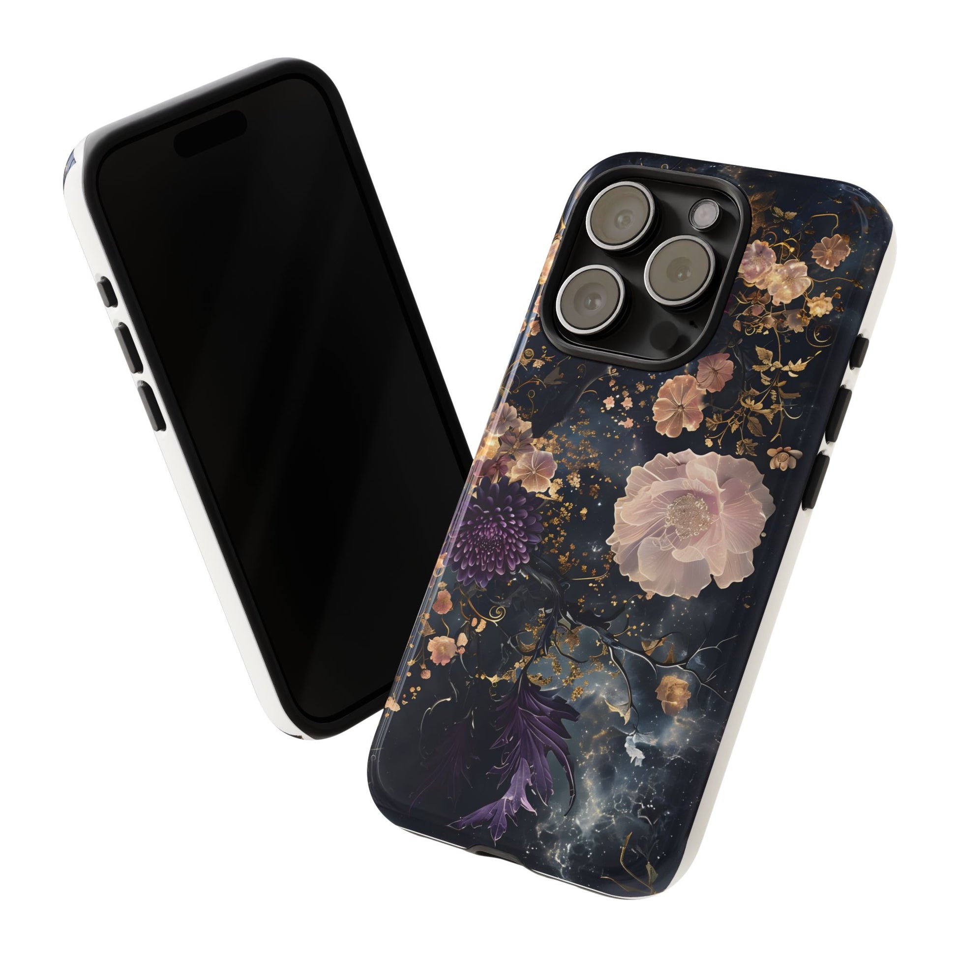 Phone Case, Whimsical Floral Pattern Against Cosmic Nebulous Background. Galaxy, Space, Tough Protective Cover, Unique Gift, Trendy
