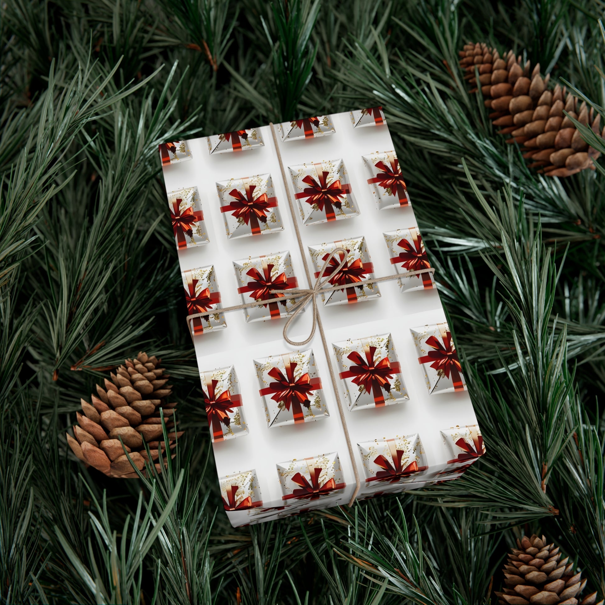 Wrapping Paper, Elegantly Wrapped Gifts On White Background with Red Bows - Gift Wrap Rolls, Eco-Friendly Gift Wrap, Holiday Season Wrapping
