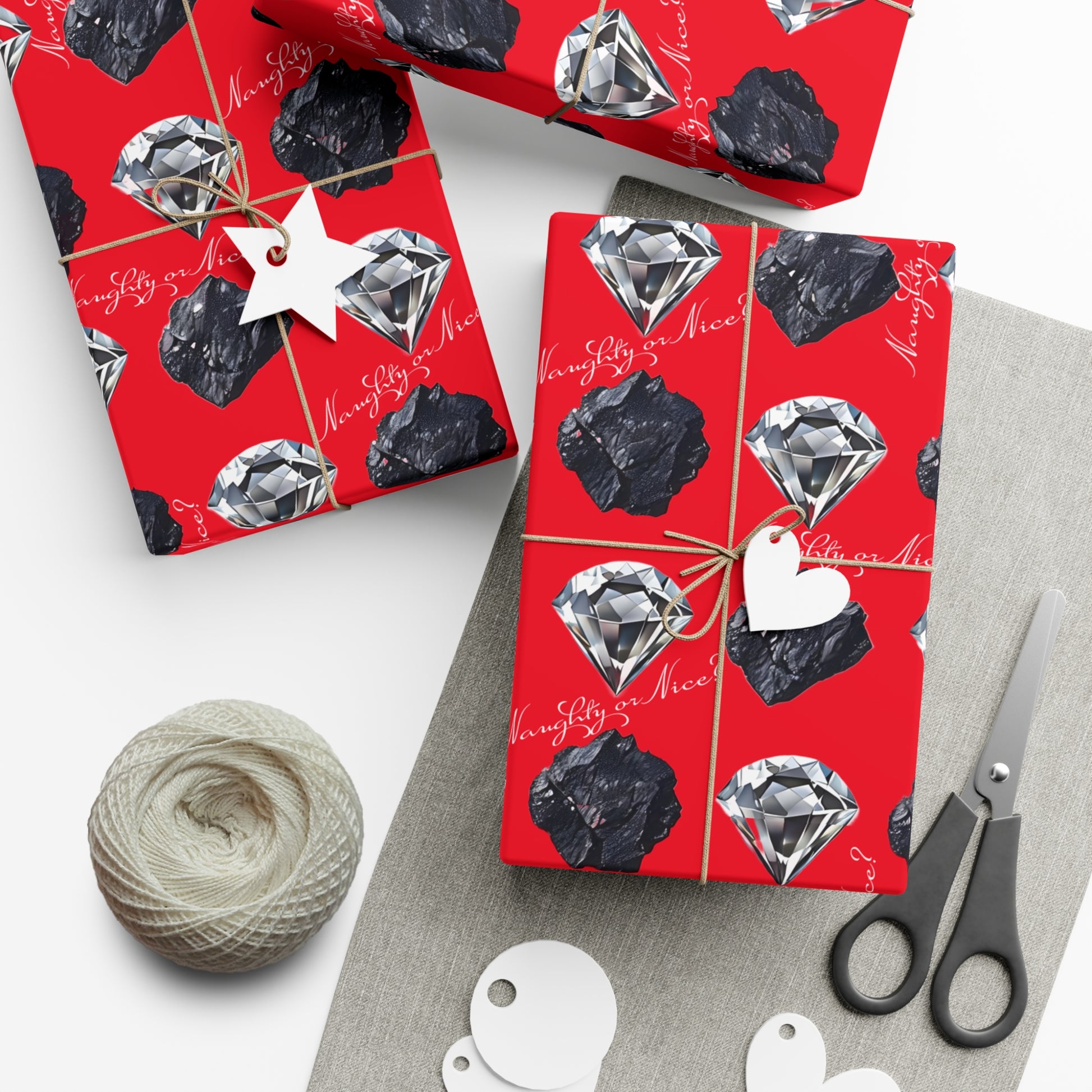 Wrapping Paper, Naughty or Nice Diamonds and Coal on Red Background - Gift Wrap Rolls, Eco-Friendly, Holiday, Christmas Gifts