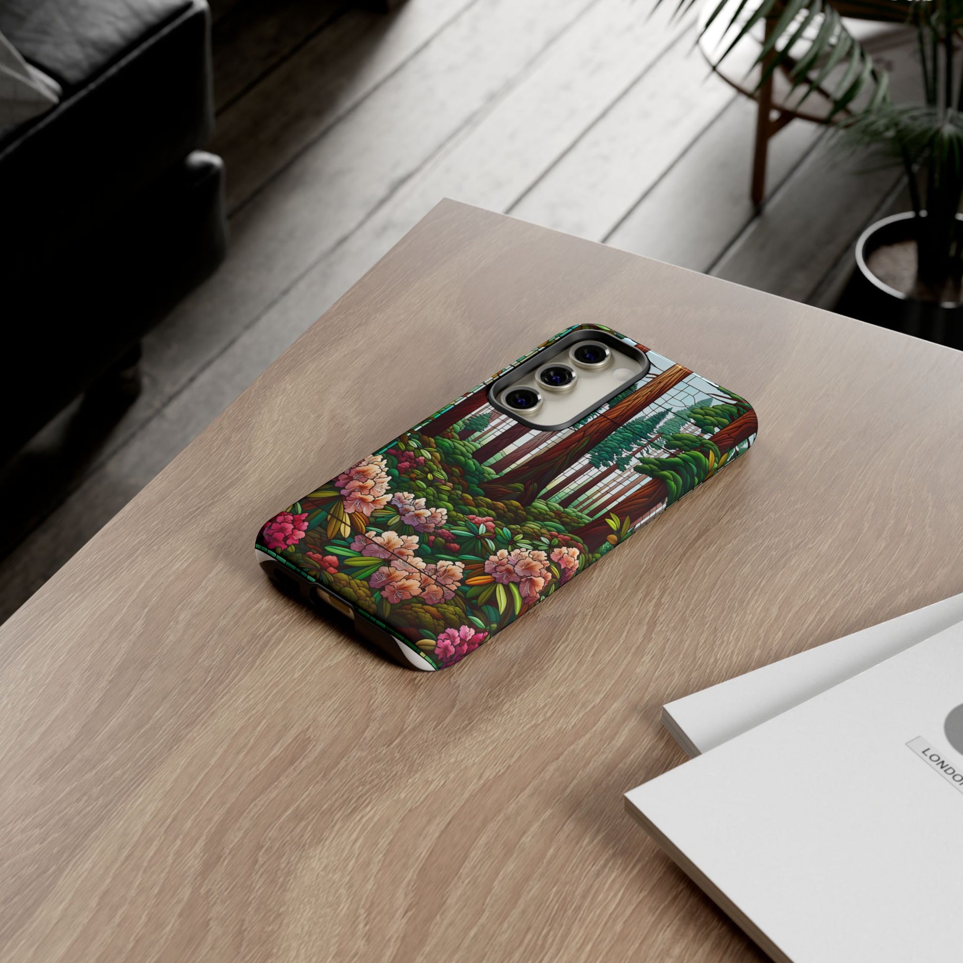 Nature Inspired Tough Cases - Redwood Trees & Rhododendrons Stained Glass iPhone Cover, Protective Phone Shell, Unique Samsung Galaxy Case,