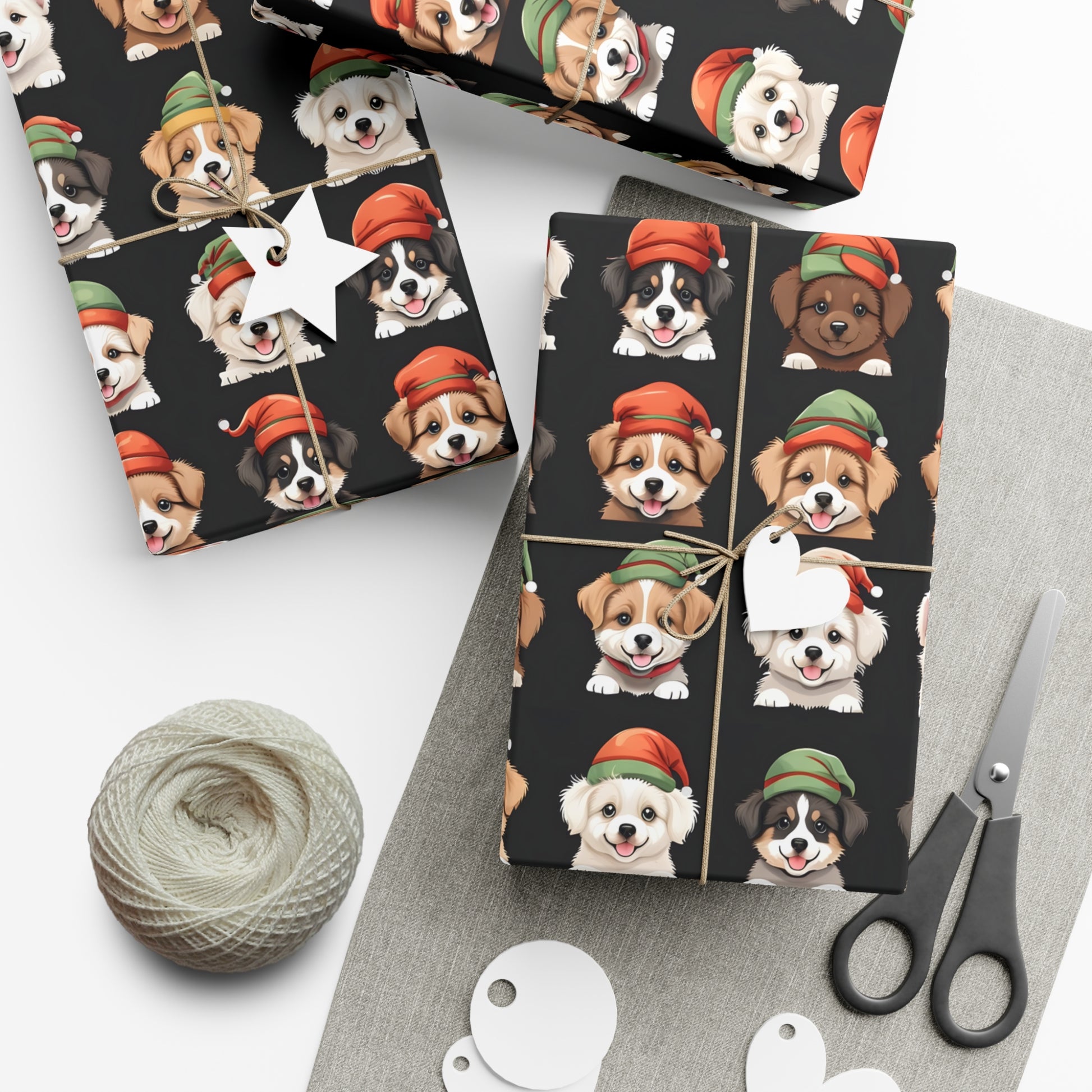Cute Puppies Elf Caps Gift Wrap Papers - Festive Christmas Wrapping Paper Roll, Holiday Gift Packaging, Adorable Dog Lover Gift Wrap, Pet
