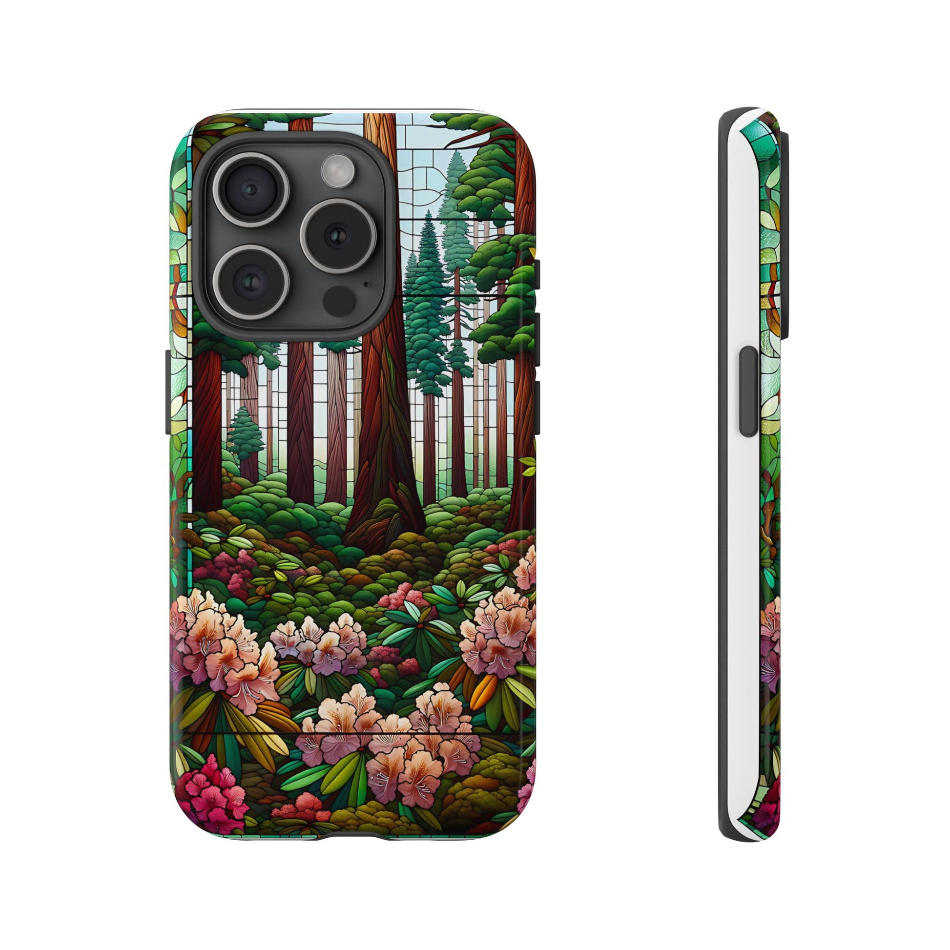 Nature Inspired Tough Cases - Redwood Trees & Rhododendrons Stained Glass iPhone Cover, Protective Phone Shell, Unique Samsung Galaxy Case,