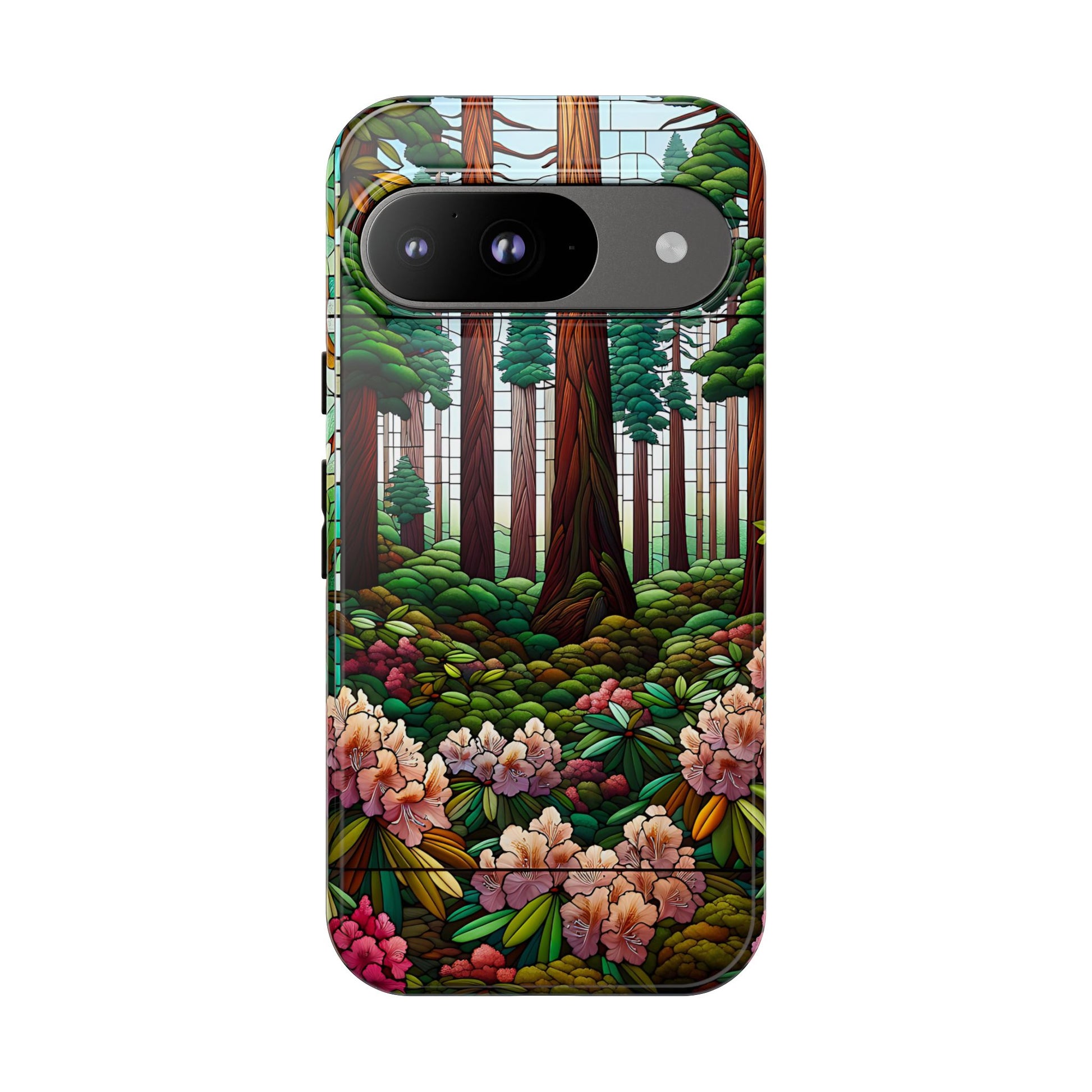 Nature Inspired Tough Cases - Redwood Trees & Rhododendrons Stained Glass iPhone Cover, Protective Phone Shell, Unique Samsung Galaxy Case,