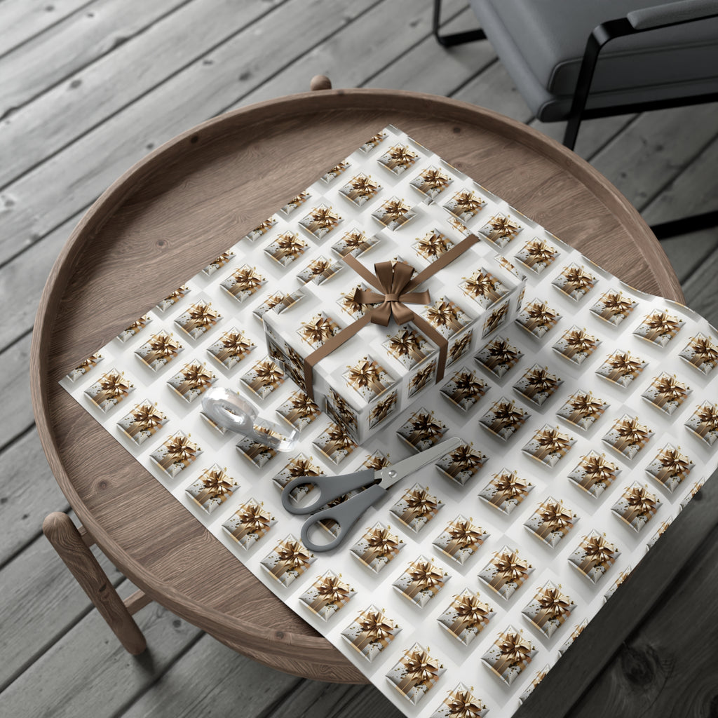 Wrapping Paper, Elegantly Wrapped Gifts On White Background with Gold Bows, Christmas Wrapping, Gift Packaging, Festive Decor, Holiday Gift