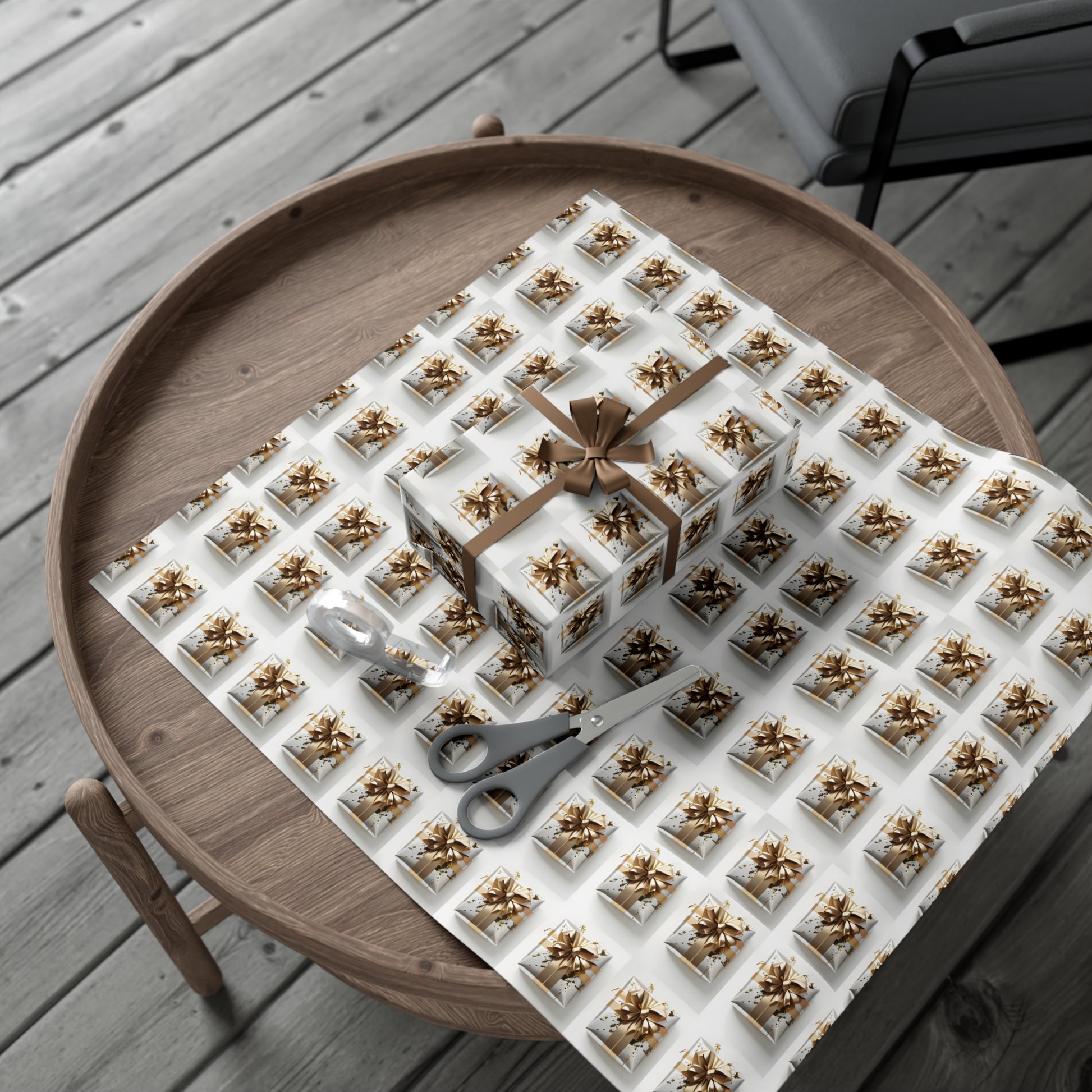Wrapping Paper, Elegantly Wrapped Gifts On White Background with Gold Bows, Christmas Wrapping, Gift Packaging, Festive Decor, Holiday Gift