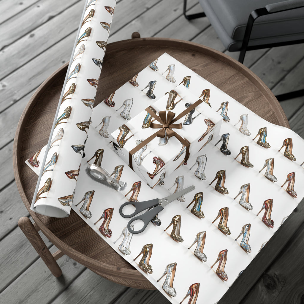 Wrapping Paper, Glittering Glass High Heels On White Background - Gift Wrap Rolls, Eco-Friendly Gift Wrap, Holiday
