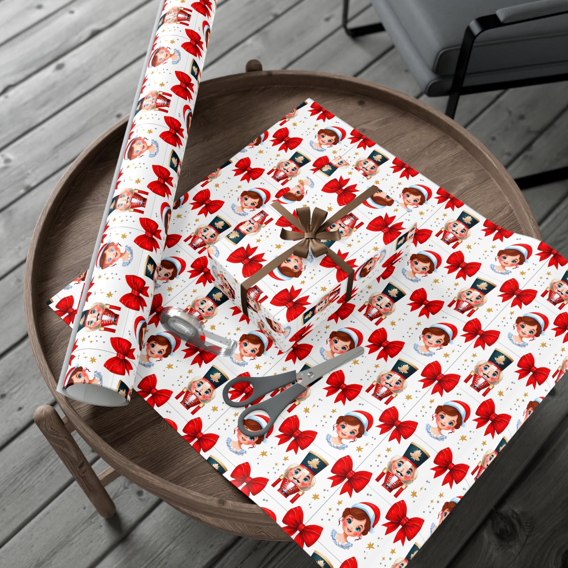 Wrapping Paper, Festive Cartoon Nutcracker And Clara Pattern With Bows - Gift Wrap Rolls, Eco-Friendly Gift Wrap, Holiday Season Wrapping