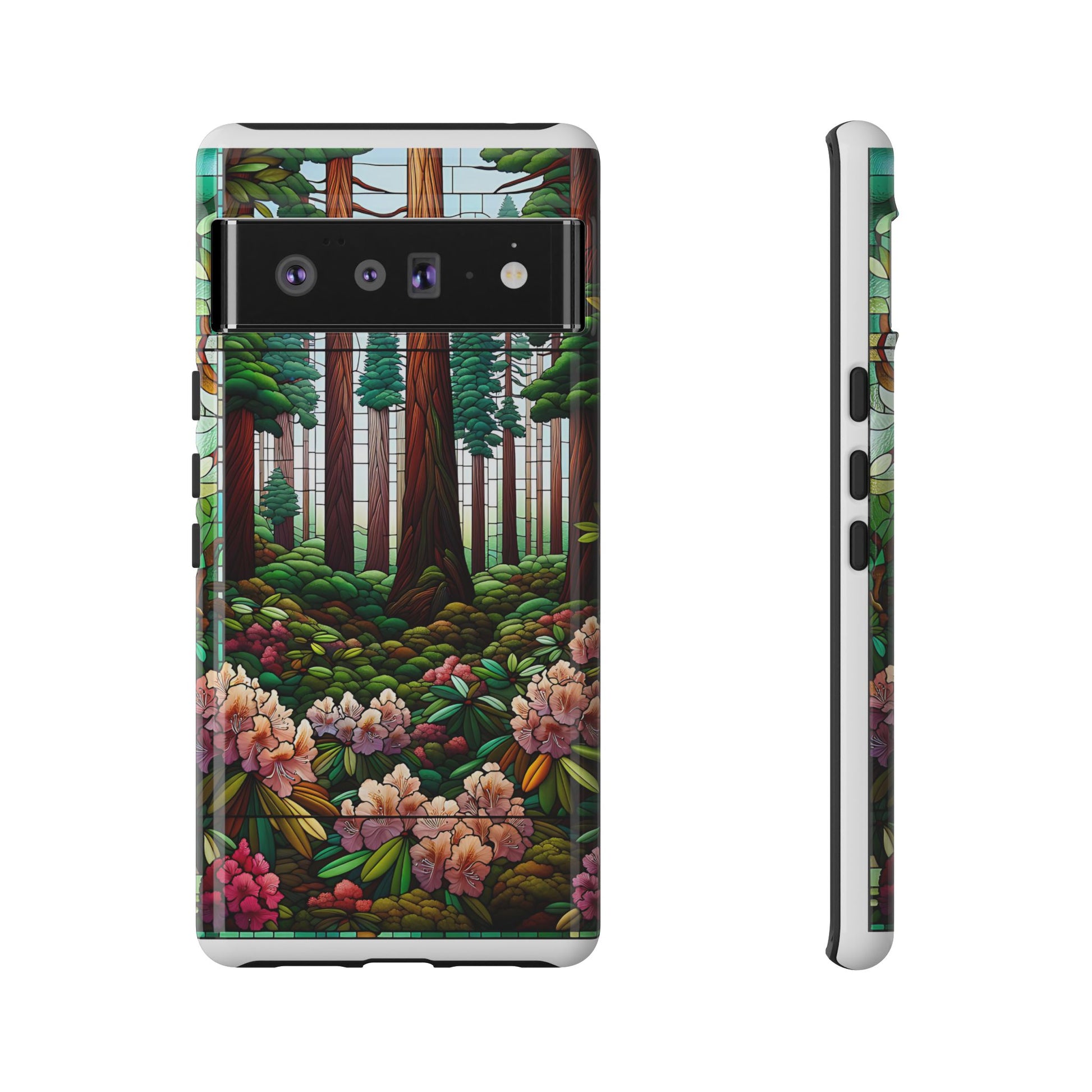 Nature Inspired Tough Cases - Redwood Trees & Rhododendrons Stained Glass iPhone Cover, Protective Phone Shell, Unique Samsung Galaxy Case,